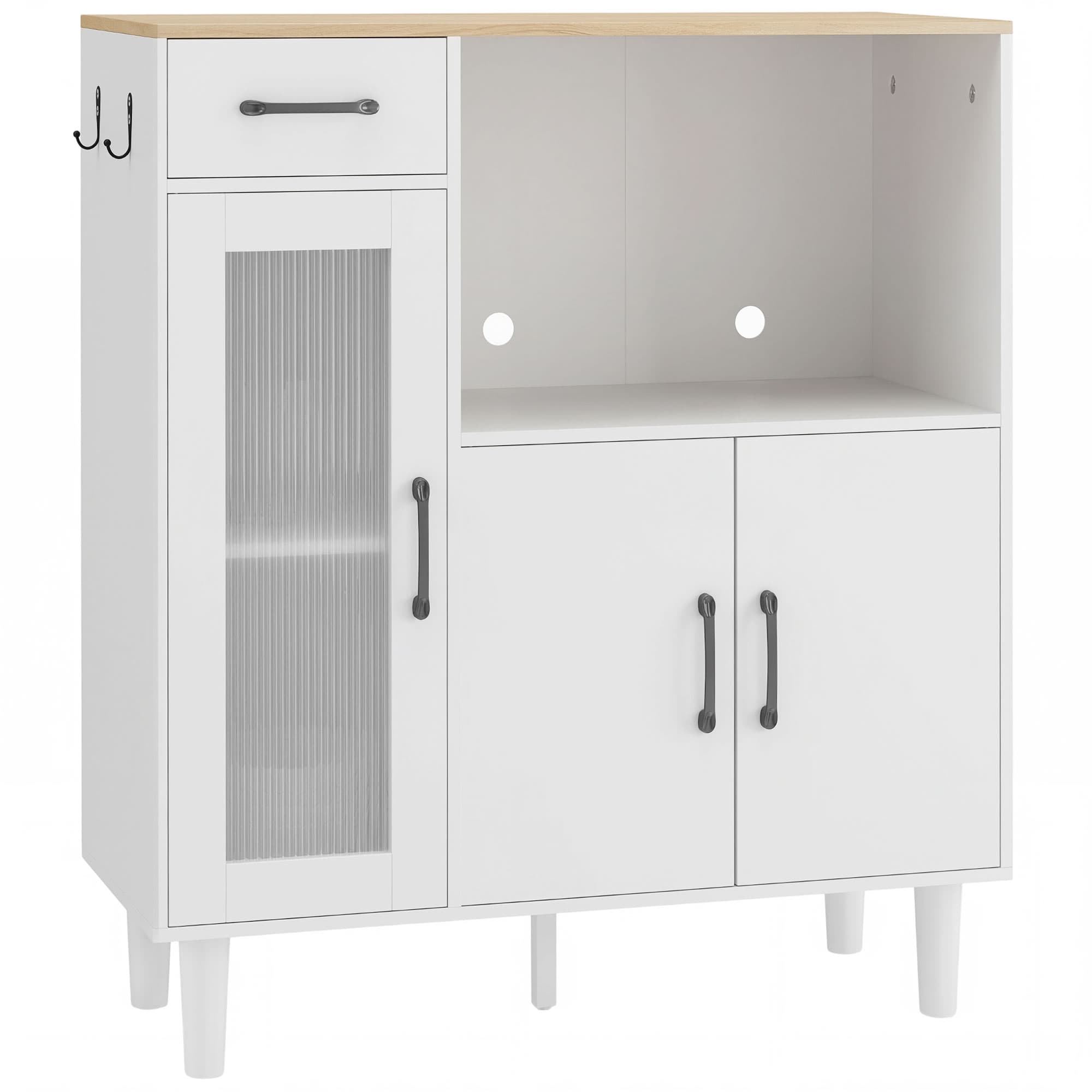 HOMCOM Buffet cuisine, meuble de rangement avec tiroir, 3 portes dont 1 en acrylique cannelée, étagère ouverte, blanc et chêne
