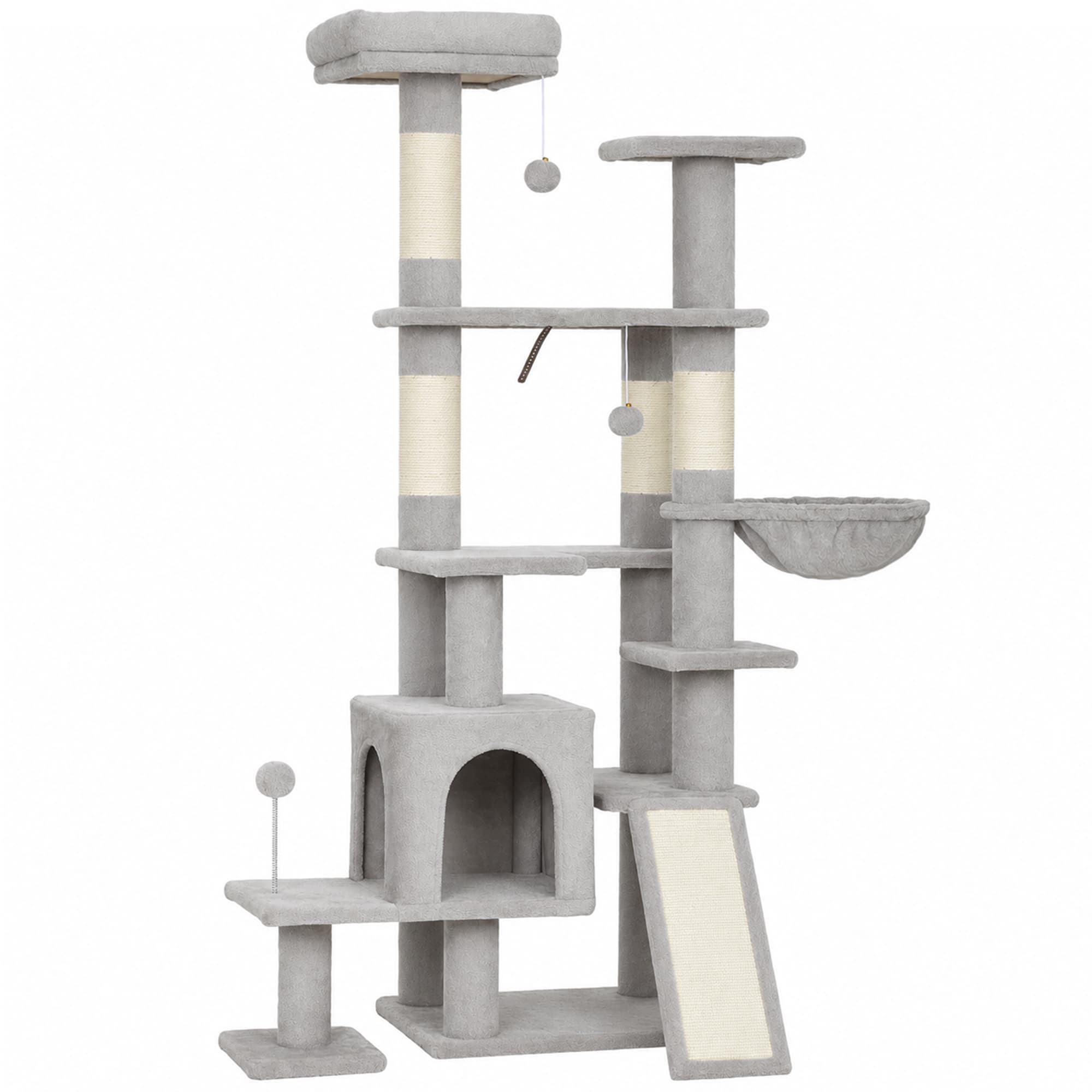 PawHut Arbre à Chat 5 niveaux 152cm, Niche, Hamac, Plateforme, Poteaux à Griffer, Balles Suspendues, Gris Clair