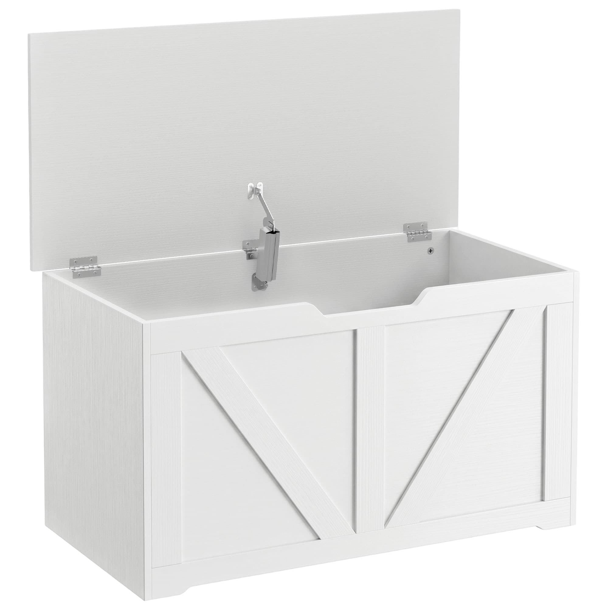 HOMCOM Coffre de rangement, banc de rangement avec couvercle rabattable et charnières de sécurité, 80 x 40 x 45 cm, blanc
