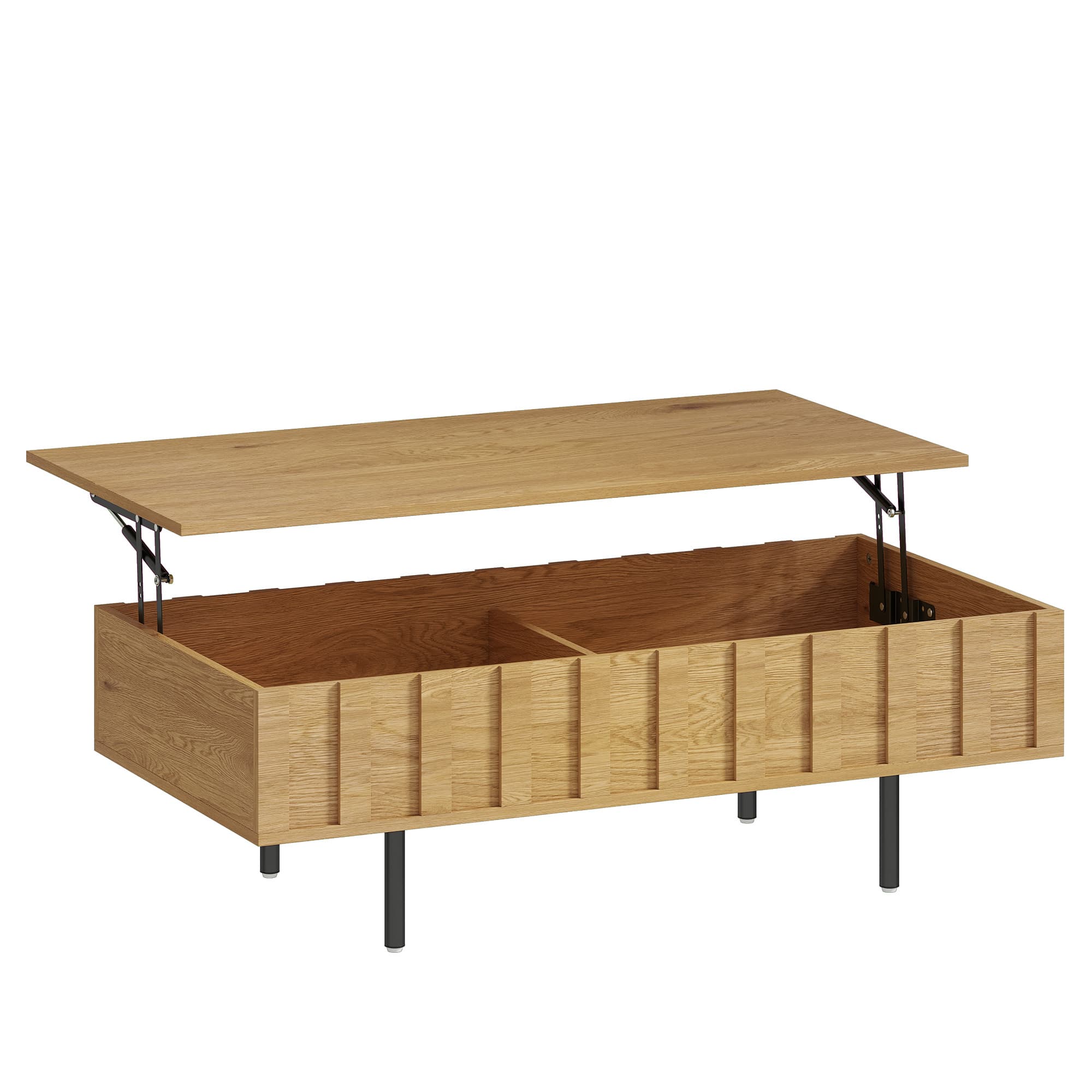 HOMCOM Table Basse Relevable avec 2 Compartiments Cachés et Latéraux Cannelés, Style Mid-Century Modern, 110x55x36,5cm, Chêne