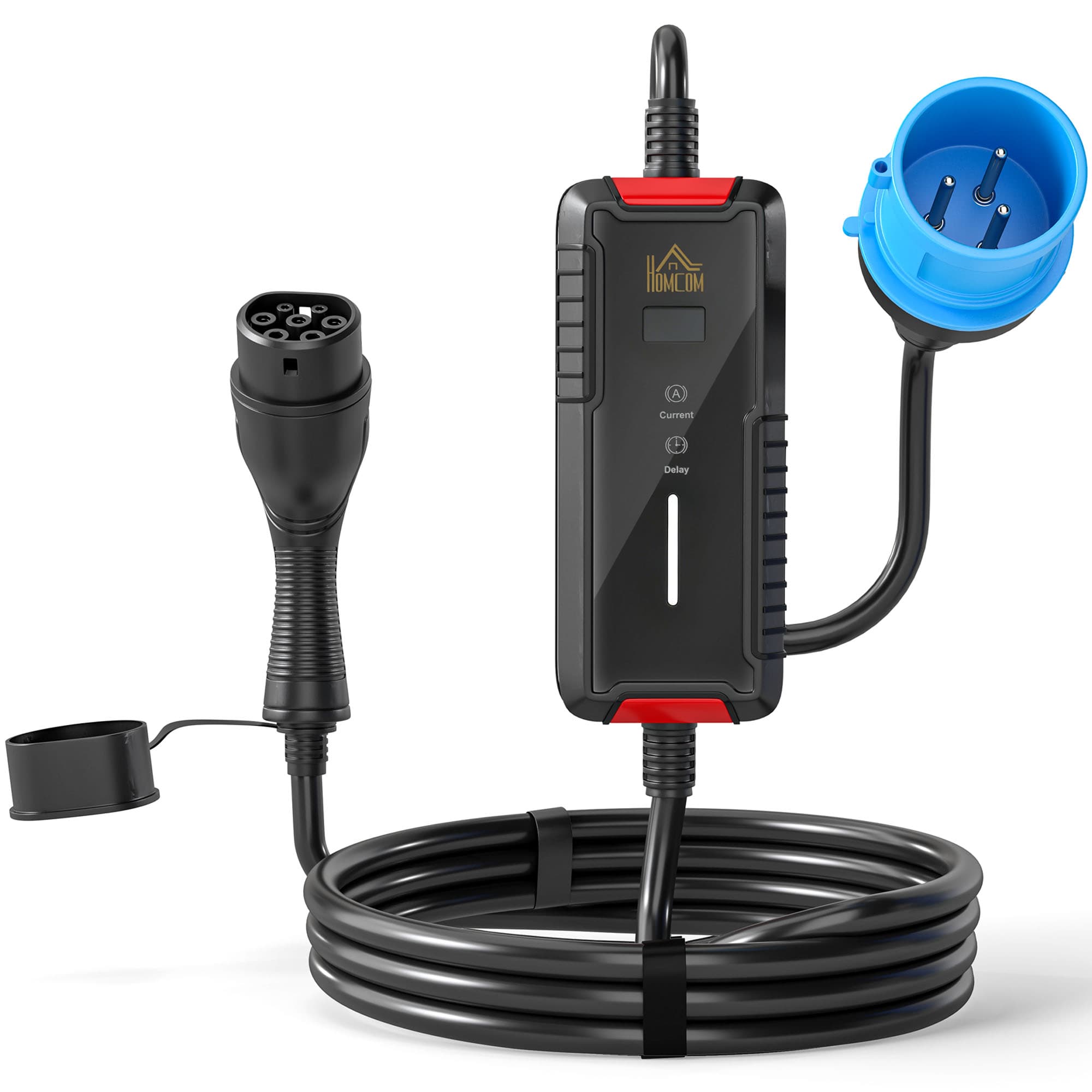 HOMCOM Chargeur Voiture Électrique Type 2, 7kW, 6-32A, 8m, Prise CEE, Adaptateur Européen, Écran LCD, IP65, 21x8,5x5cm, Noir