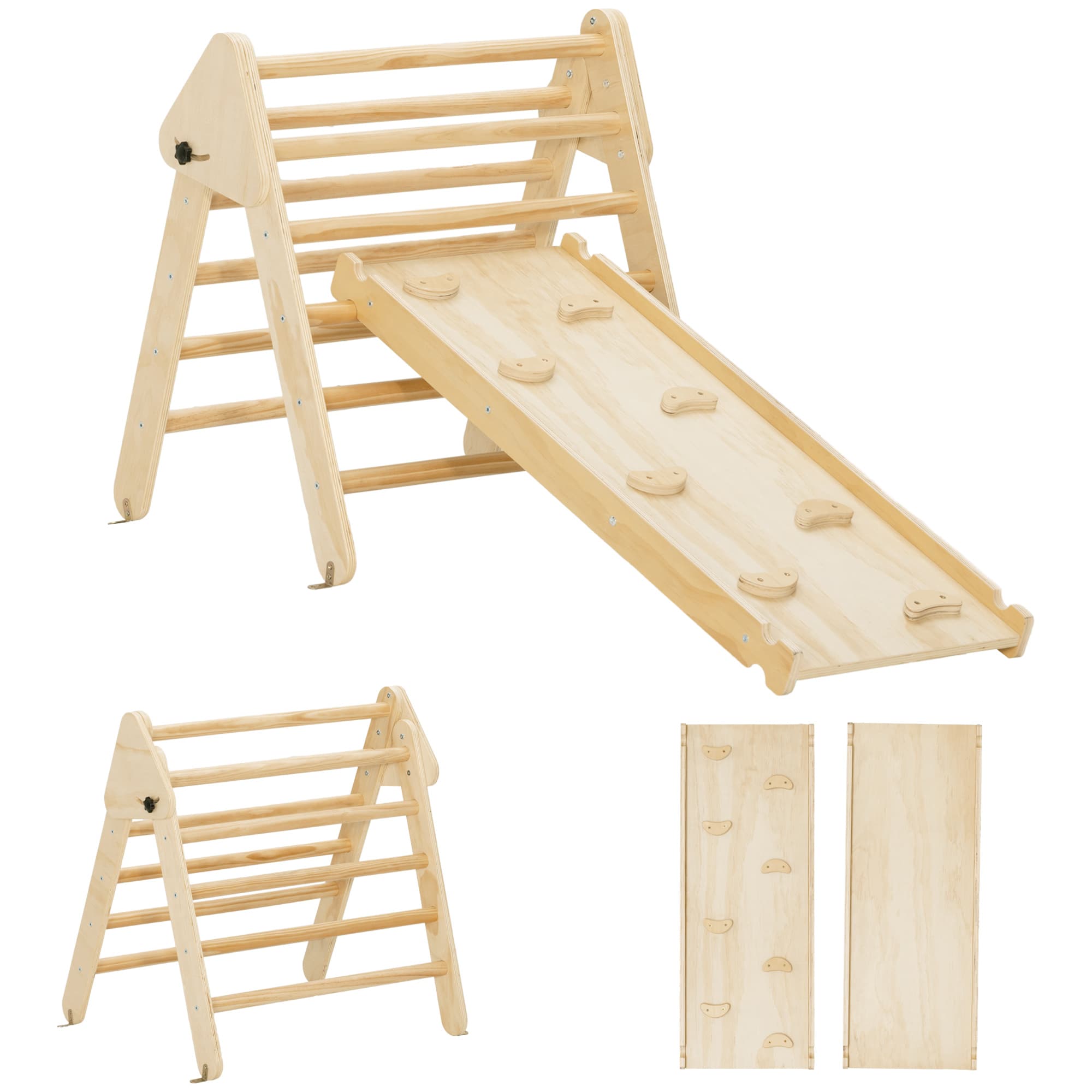 AIYAPLAY Triangle d'escalade, 3 en 1 Montessori en bois pour grimper et glisser, charge max. 50 kg, pour 18-48 mois, bois naturel