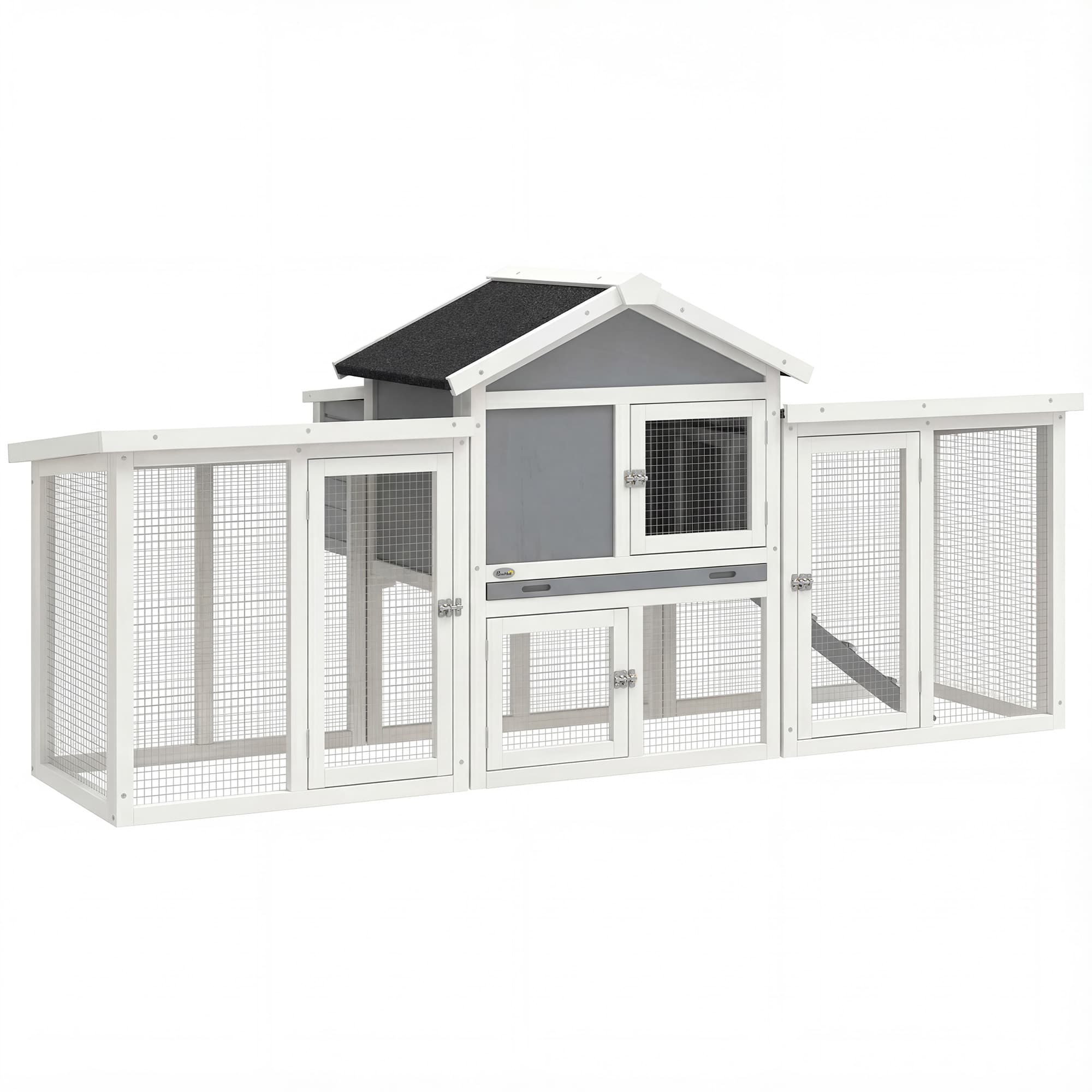 PawHut Poulailler clapier modèle chalet multi-équipé : rampes, nichoirs, plateau, en bois massif 204 x 85 x 93 cm gris