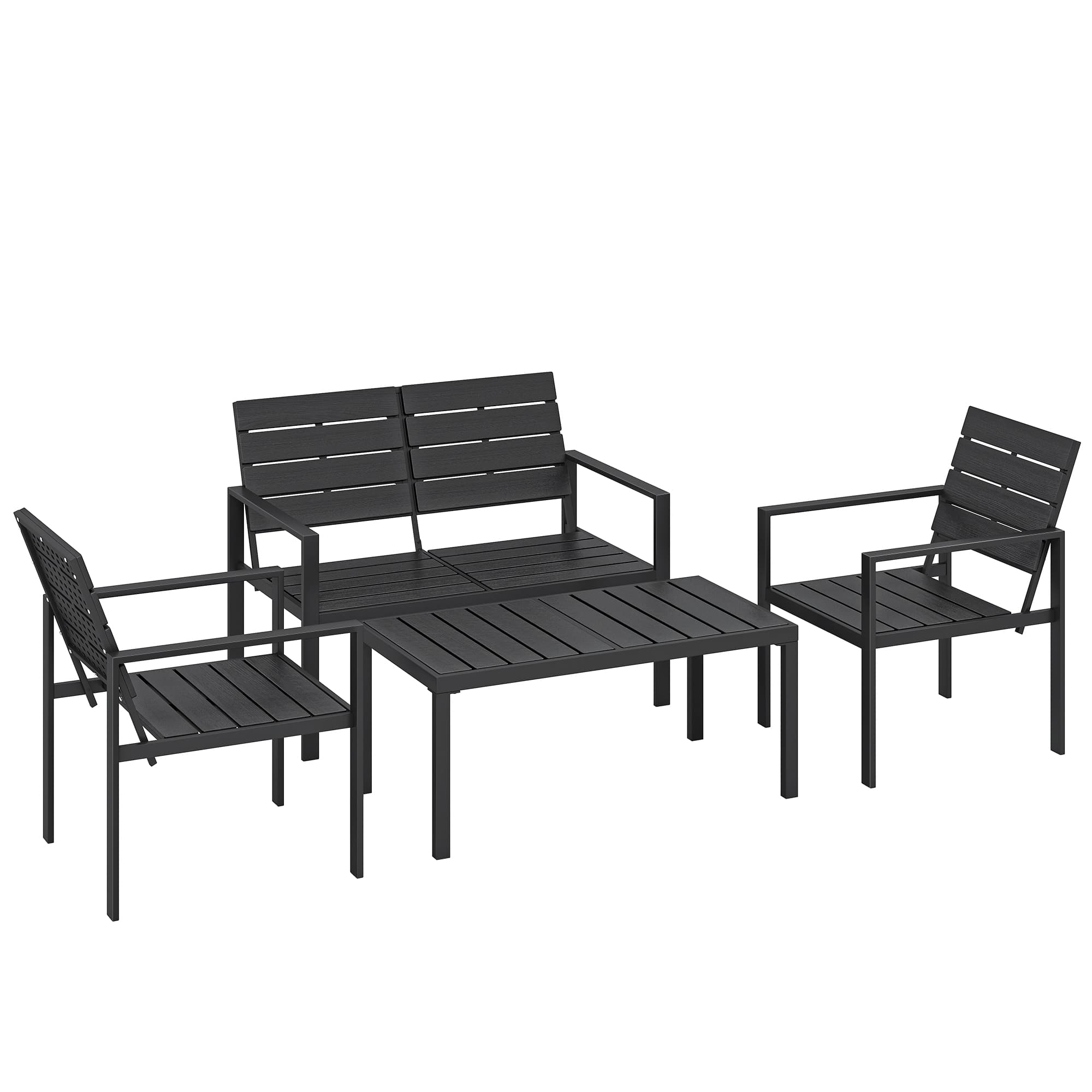 Outsunny Salon de jardin extérieur 4 pièces canapé 2 places, 2 chaises et table basse, mobilier de jardin terrasse veranda, noir