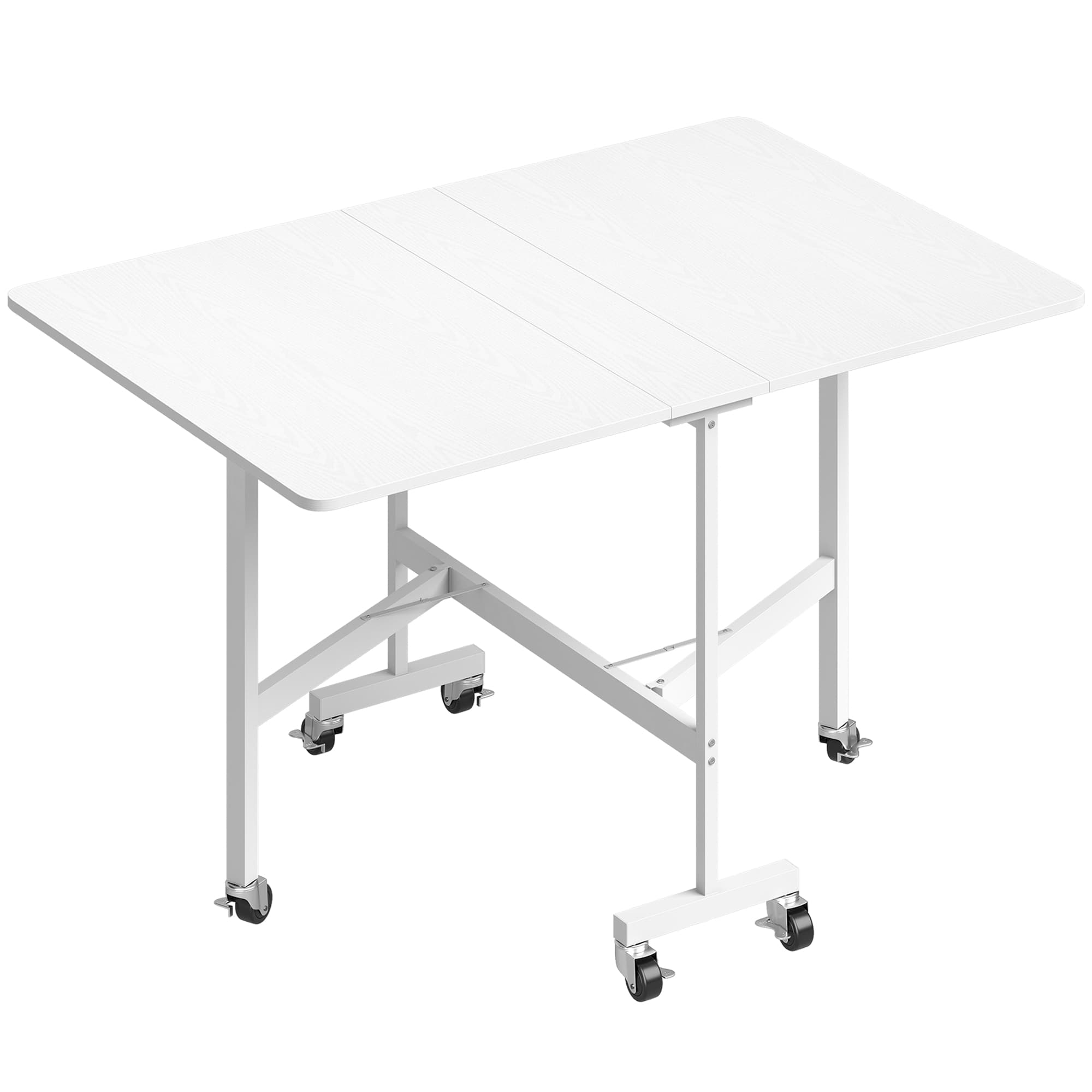 HOMCOM Table à Manger Pliante sur Roulettes pour 4-6 Personnes 120 cm, Roues avec Freins, 2 Abattants, Style Industriel, Blanc