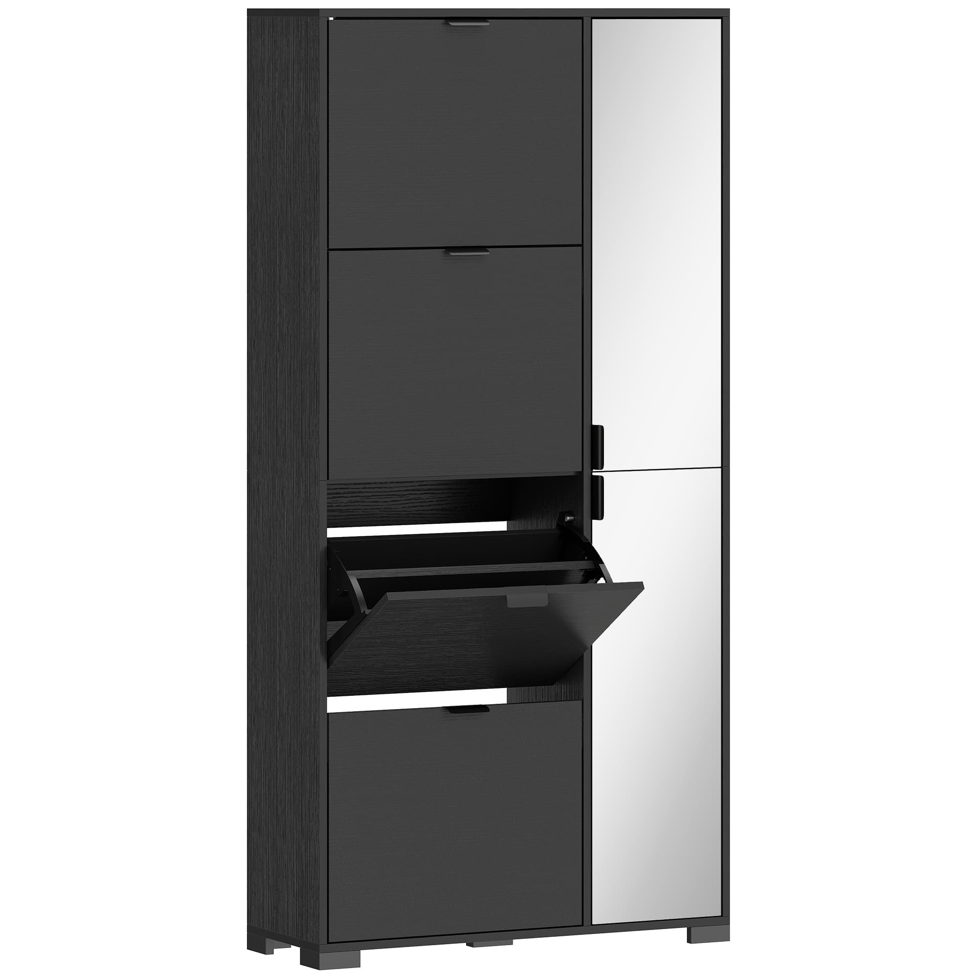 HOMCOM Meuble à chaussures 16 paires armoire à chaussures 4 tiroirs rabattables 2 portes en miroir étagères réglables noir
