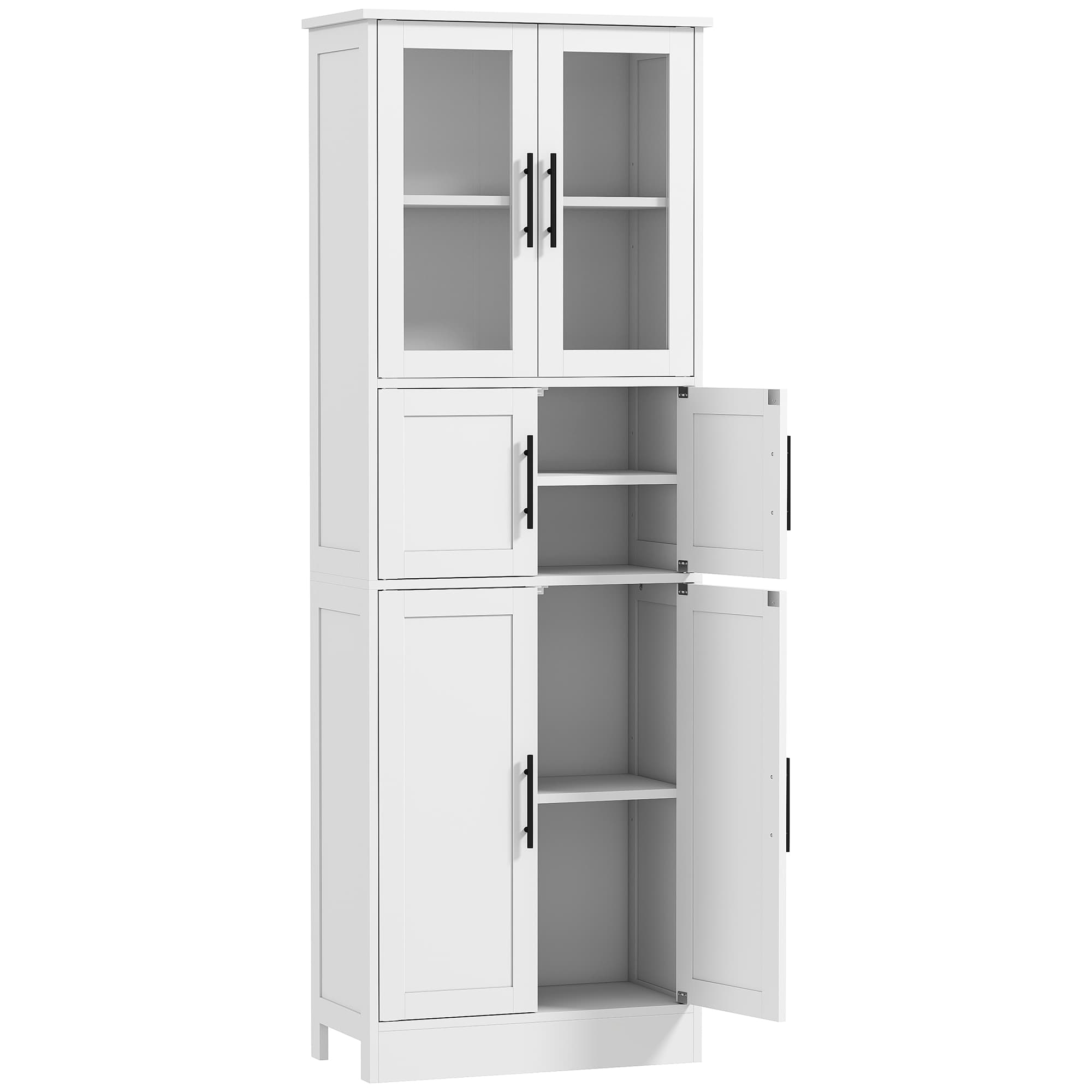HOMCOM Meuble de salle de bain, meuble de rangement 6 niveaux, 6 portes dont 2 vitrées, étagères réglables, 60x30x170cm, blanc