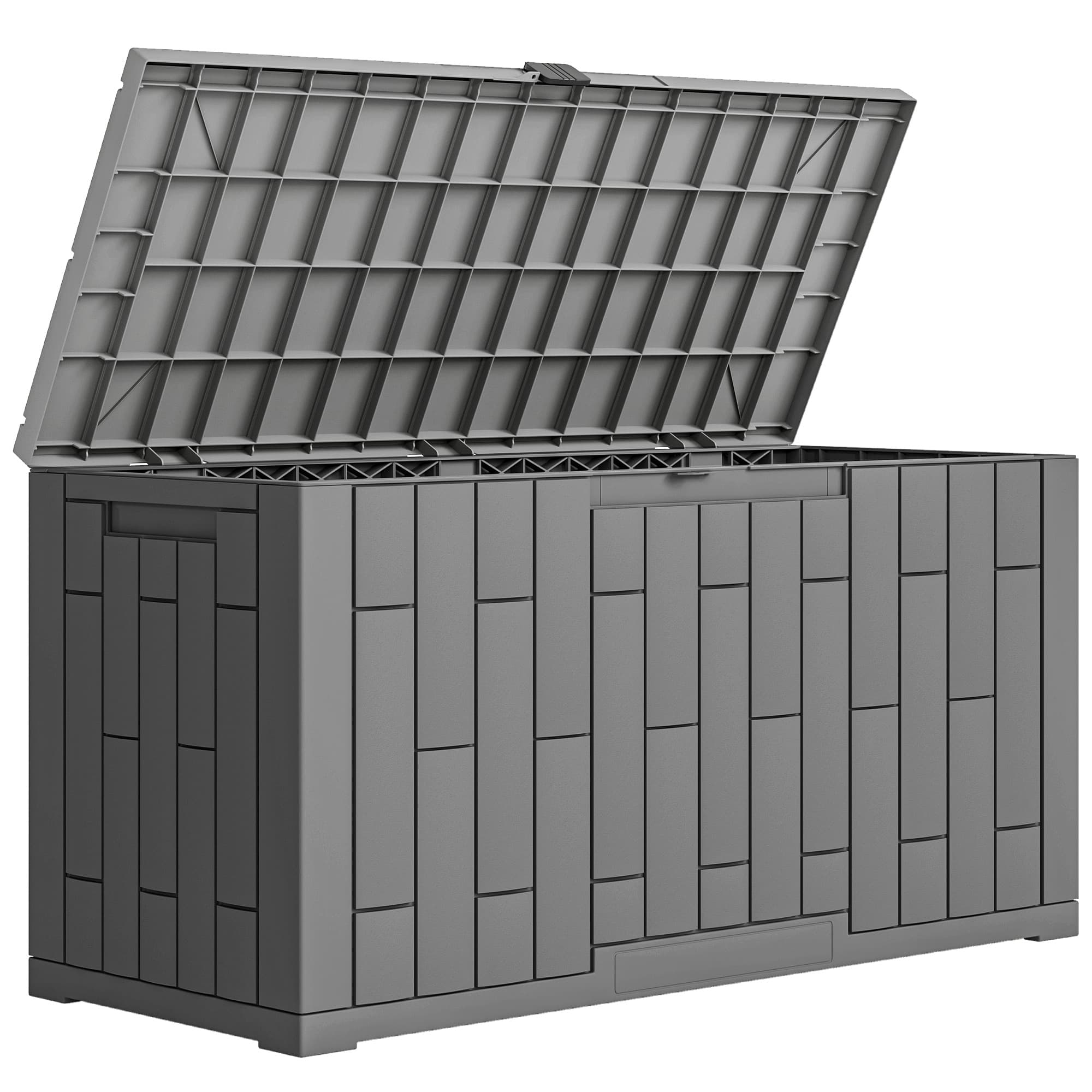 Outsunny Coffre de Rangement Extérieur 227 L Verrouillable avec Vérin à Gaz, Aspect Bois, 106,5x43x54,5cm, Marron Café