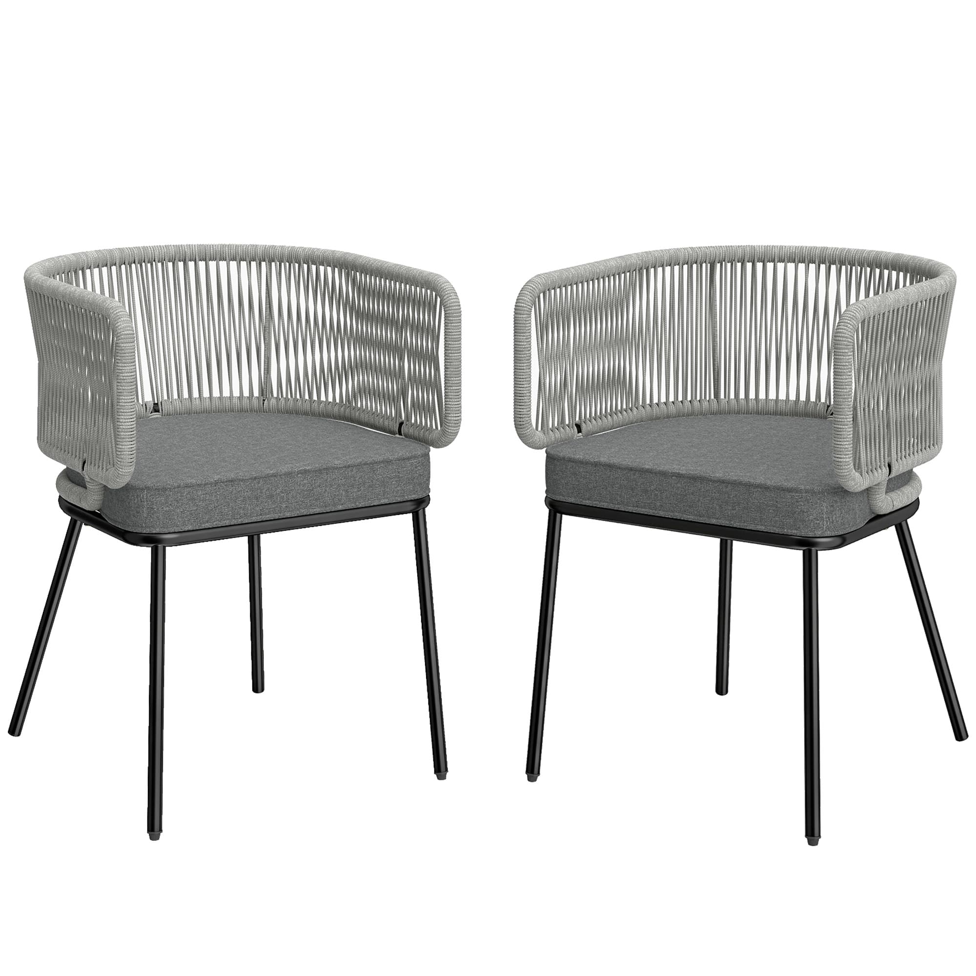 Outsunny Lot de 2 Fauteuils de Jardin, Dossier et Accoudoirs en Corde Résine Tressée, Coussins Amovibles, 55x57x75cm, Gris Clair