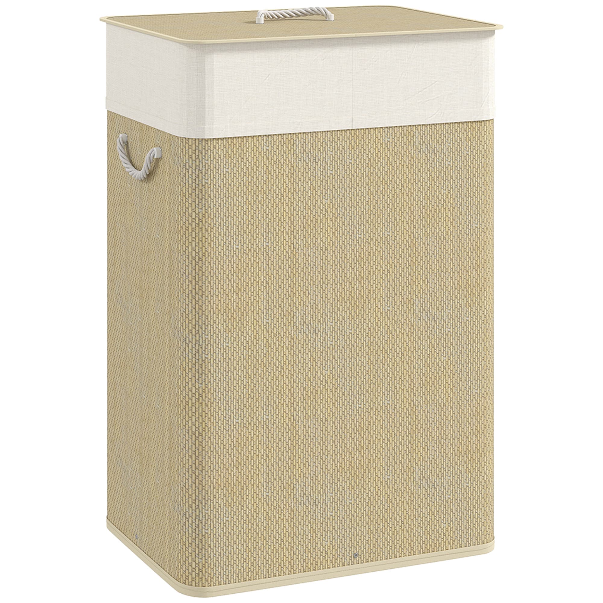 HOMCOM Panier à linge 72 L, corbeille à linge sale en bambou avec couvercle, poignées en corde, doublure amovible, crème