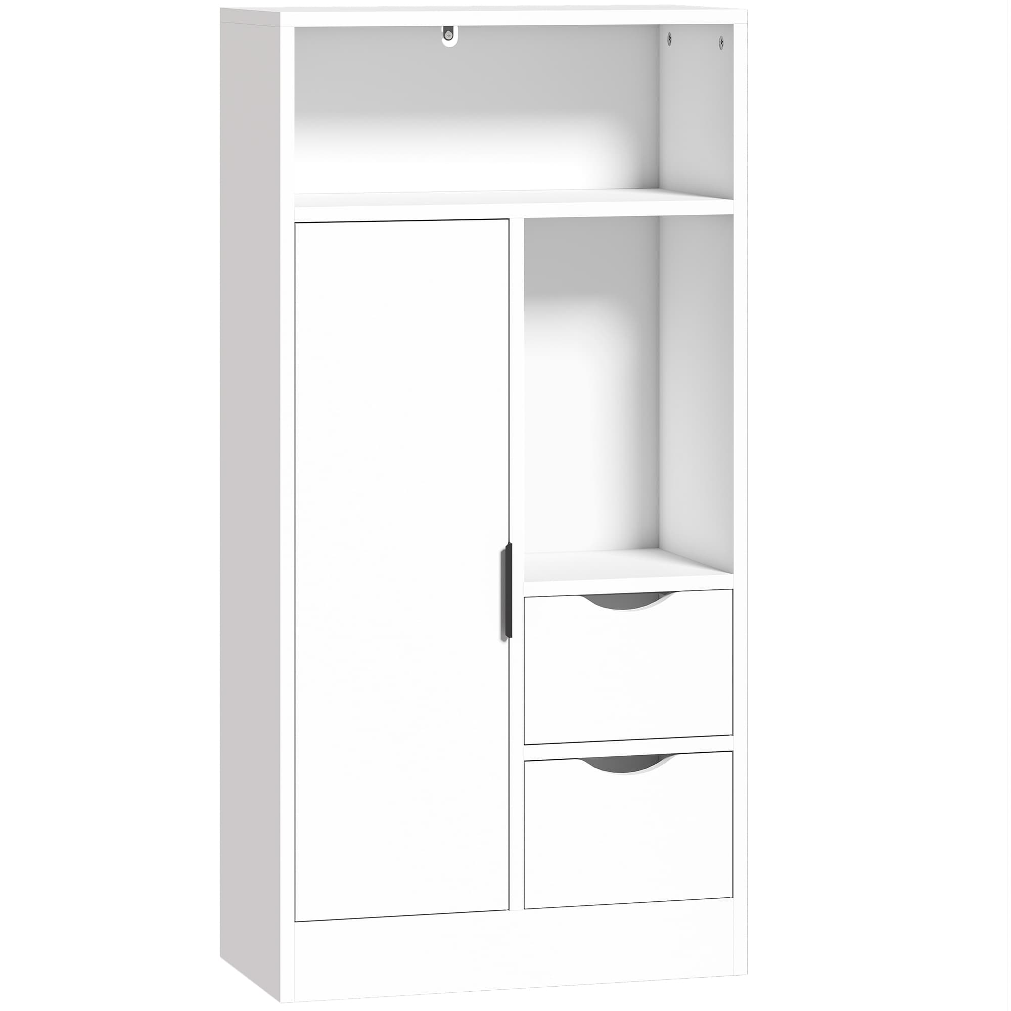 HOMCOM Meuble de salle de bain, meuble de rangement étroit avec 2 tiroirs, compartiments ouverts, 50x25x100cm, blanc