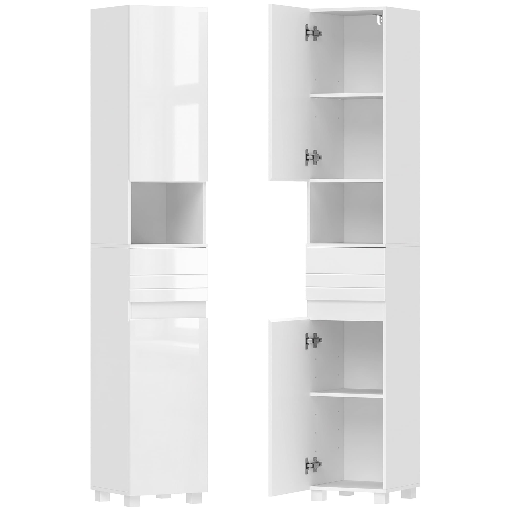 HOMCOM Meuble de Salle de Bain, 2 Portes, Tiroir, Niche Ouverte, Étagères Réglables, pour Salon, Chambre, 30x30x170cm, Blanc