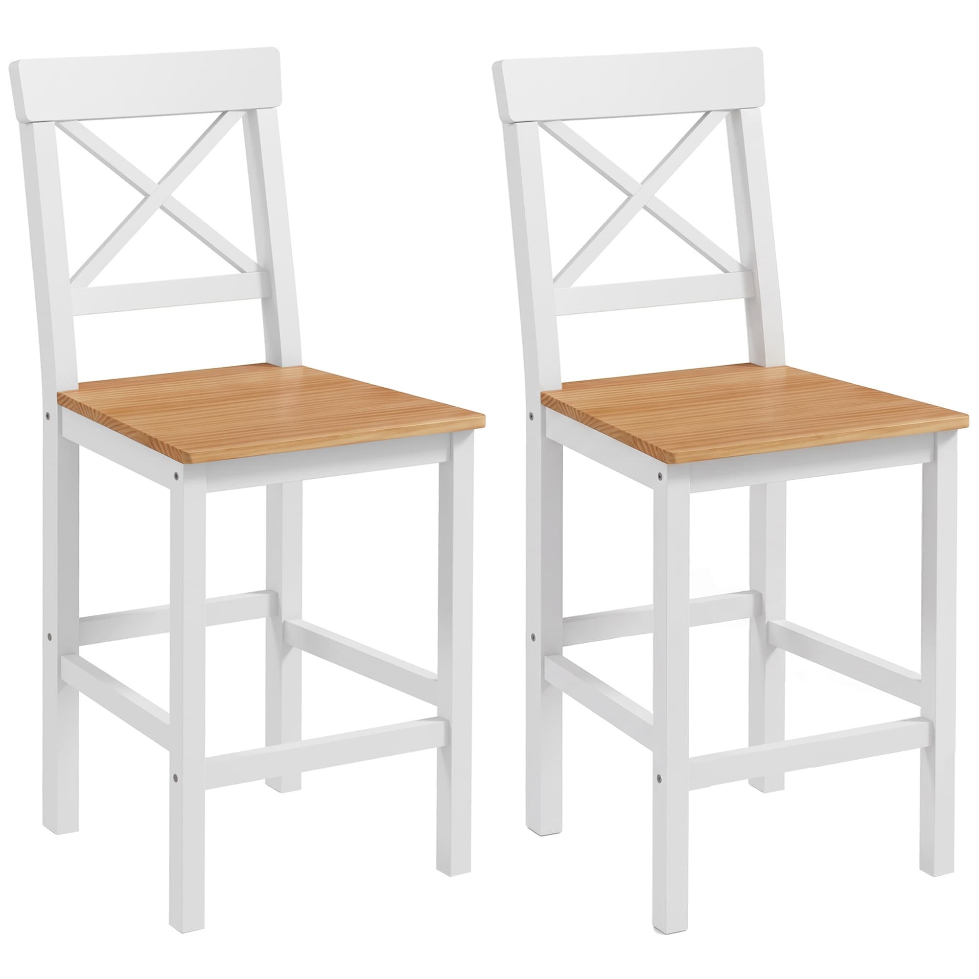 HOMCOM Lot de 2 tabourets de bar, chaises hautes campagne, dossier haut et repose-pieds, 41x46x97,5cm, blanc et bois naturel