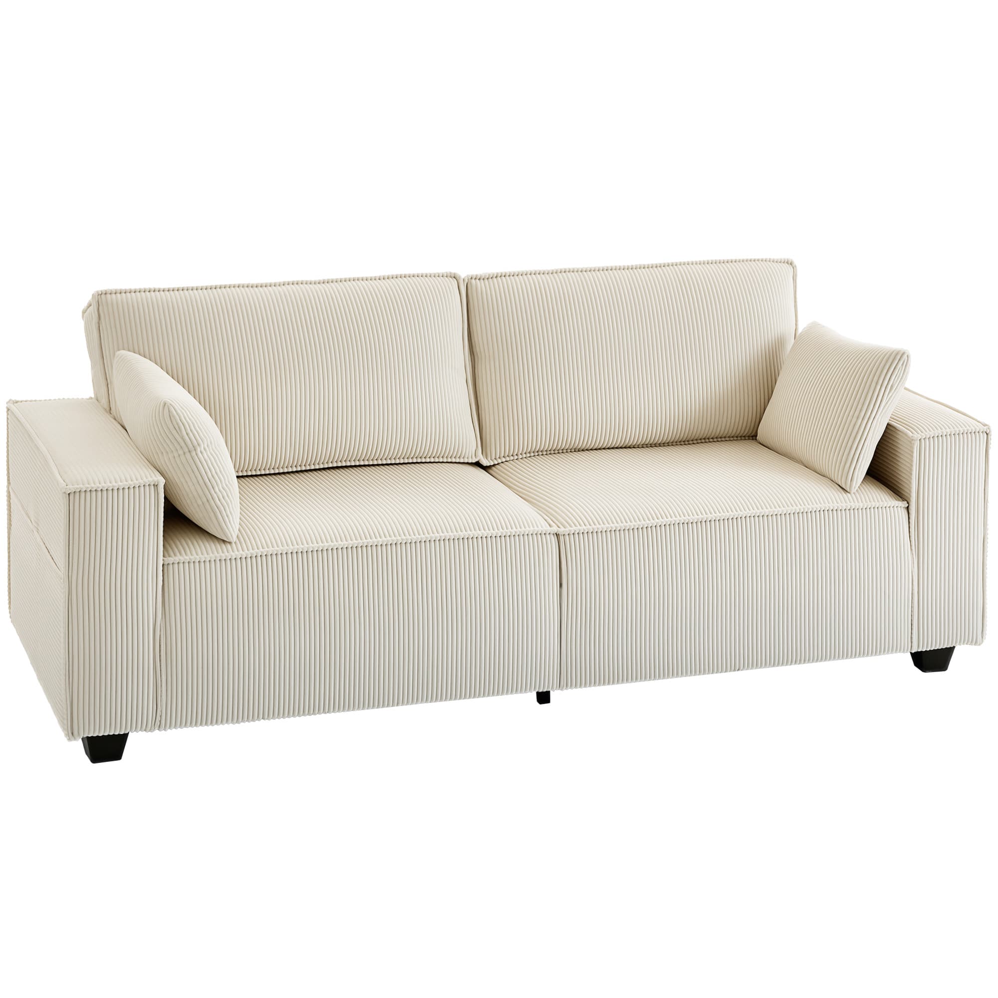 HOMCOM Canapé 3 places en velours côtelé 218 cm, canapé salon, coussins à ressorts, larges accoudoirs, 2 coussins, beige