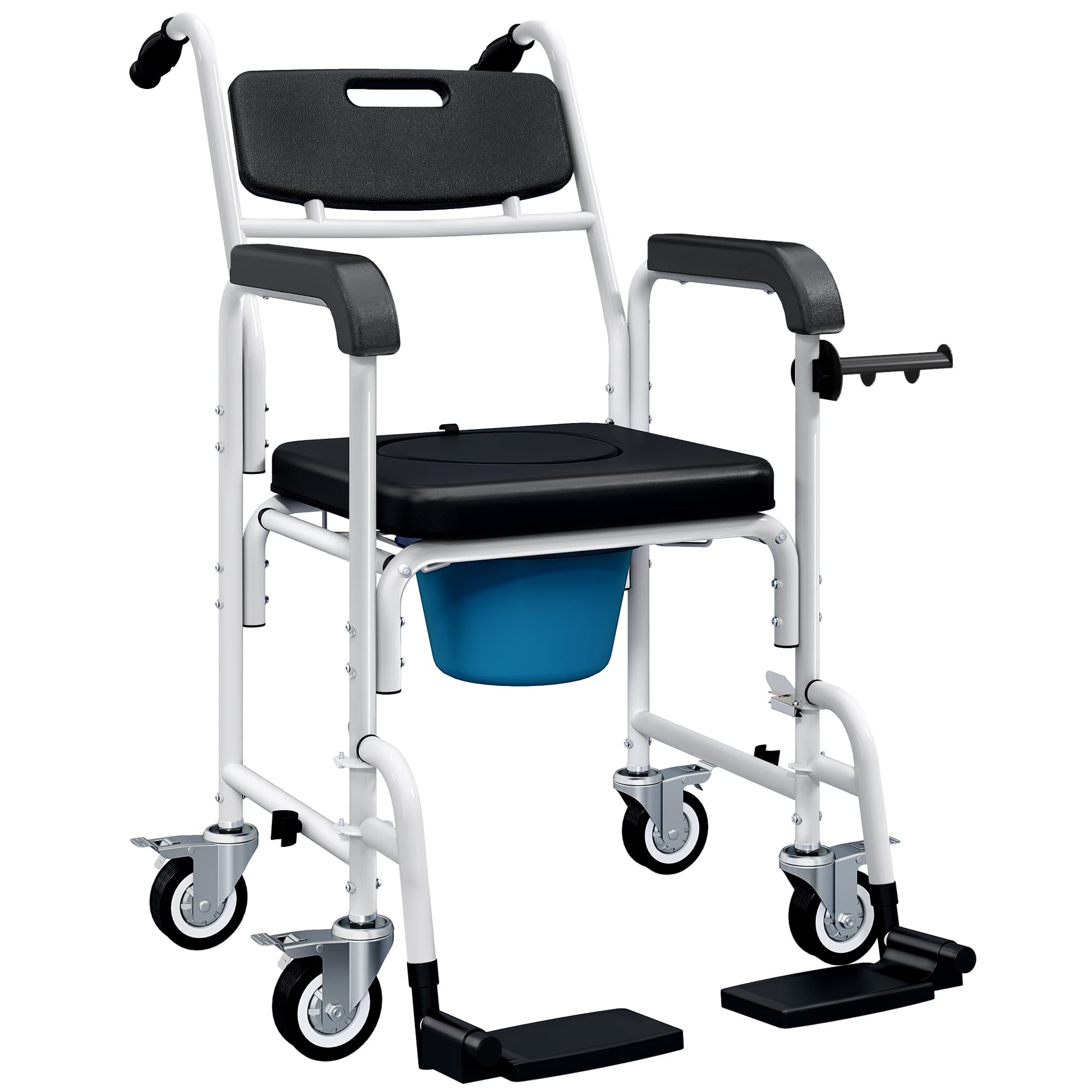 HOMCOM Chaise percée adulte à roulettes, chaise percée de douche avec repose-pieds, dossier et accoudoirs, 53x97x97cm, noir
