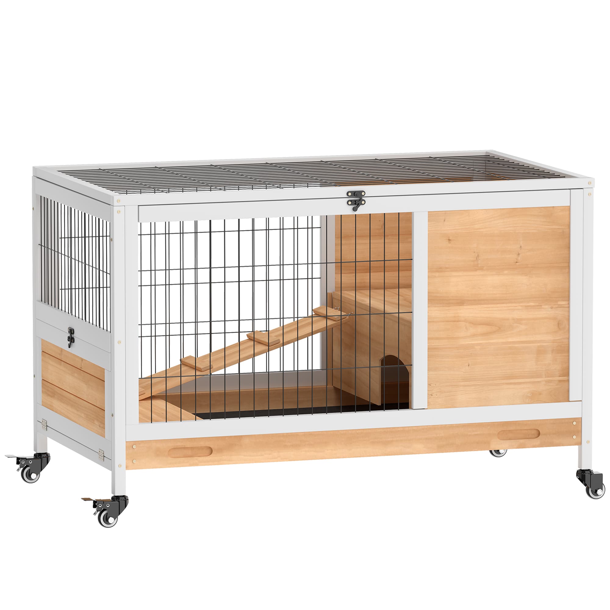 PawHut Cage lapin intérieur, clapier cochon d'inde avec toit ouvrant et roulettes, plateau amovible, 90x53x59cm, jaune et blanc