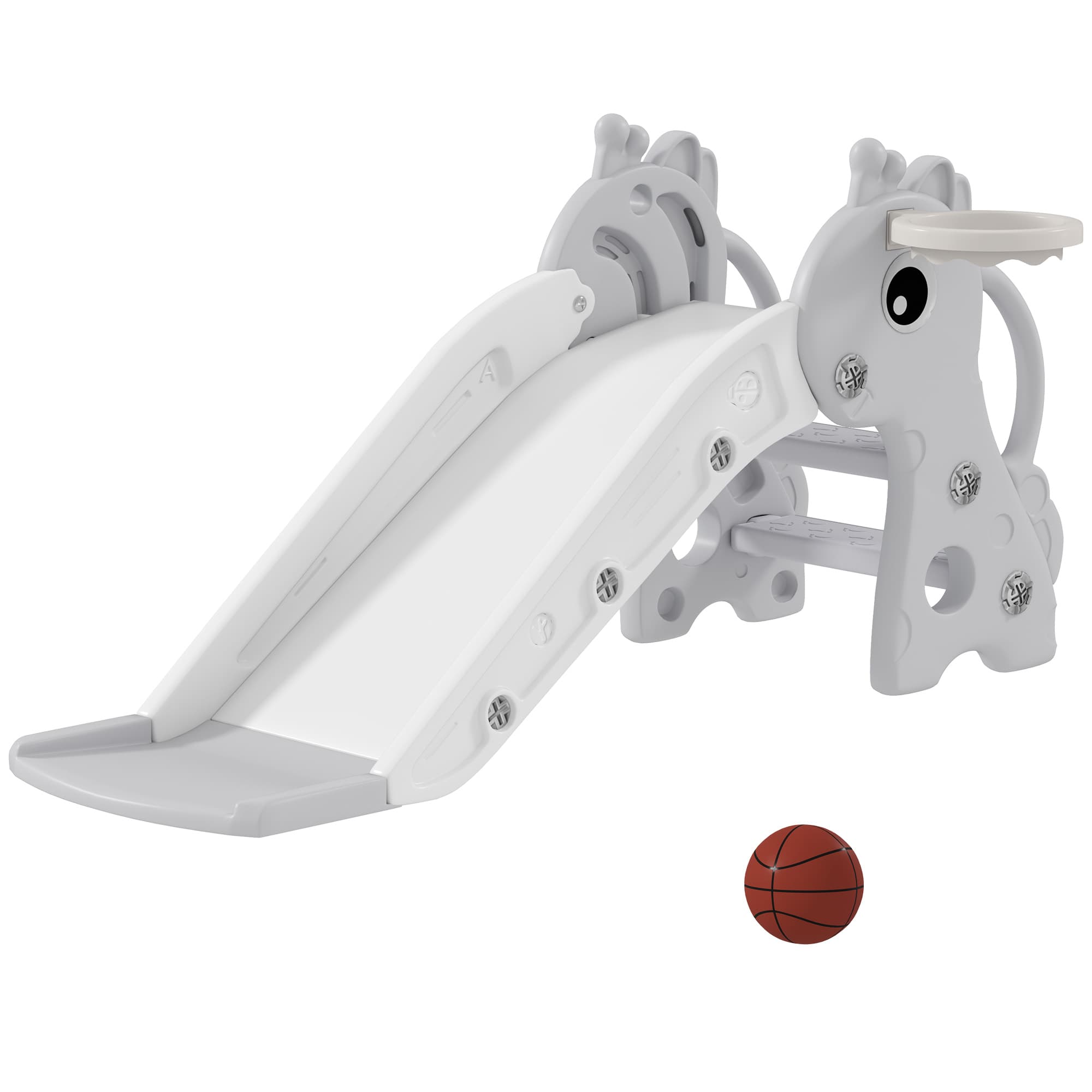 AIYAPLAY Toboggan pour enfants 3 en 1 en forme de girafe avec panier de basket, escalade et ballon, 106 x 51,5 x 52 cm, gris