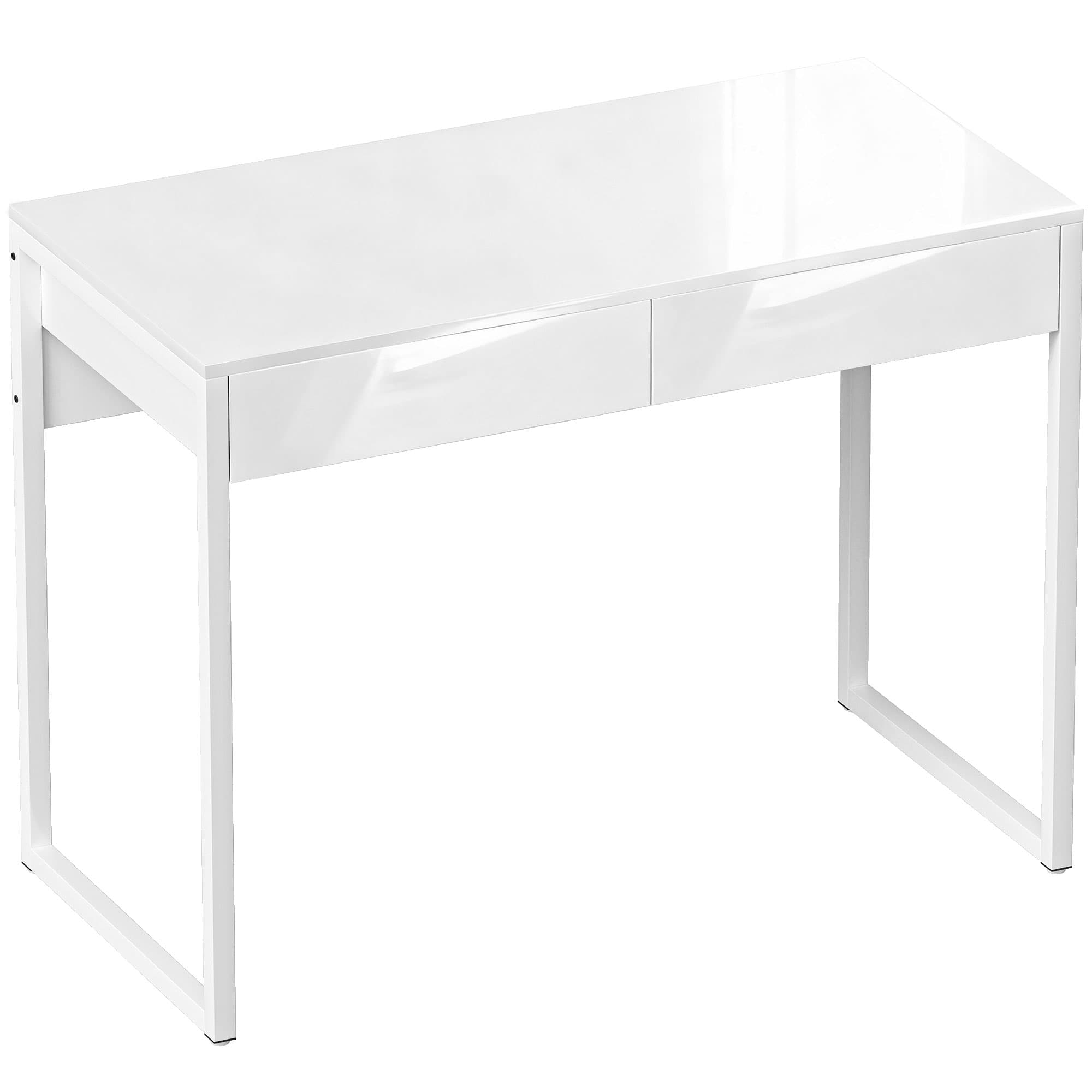 HOMCOM Bureau avec 2 tiroirs, table d'ordinateur 100 x 50 cm, bureau moderne pied en acier, pour petits espaces, blanc brillant