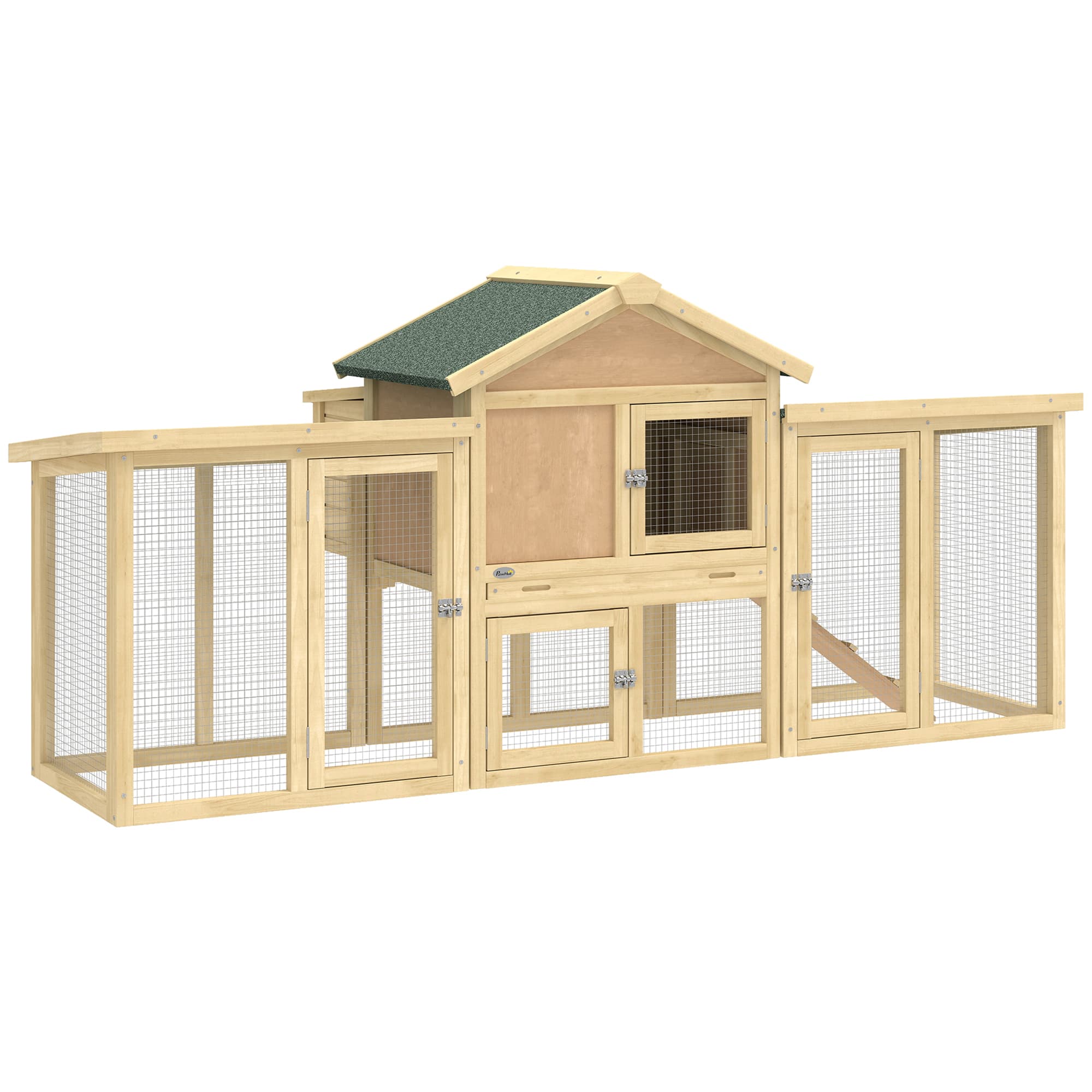 PawHut Poulailler clapier modèle chalet multi-équipé : rampes, nichoirs, plateau, en bois massif 204 x 85 x 93 cm bois naturel