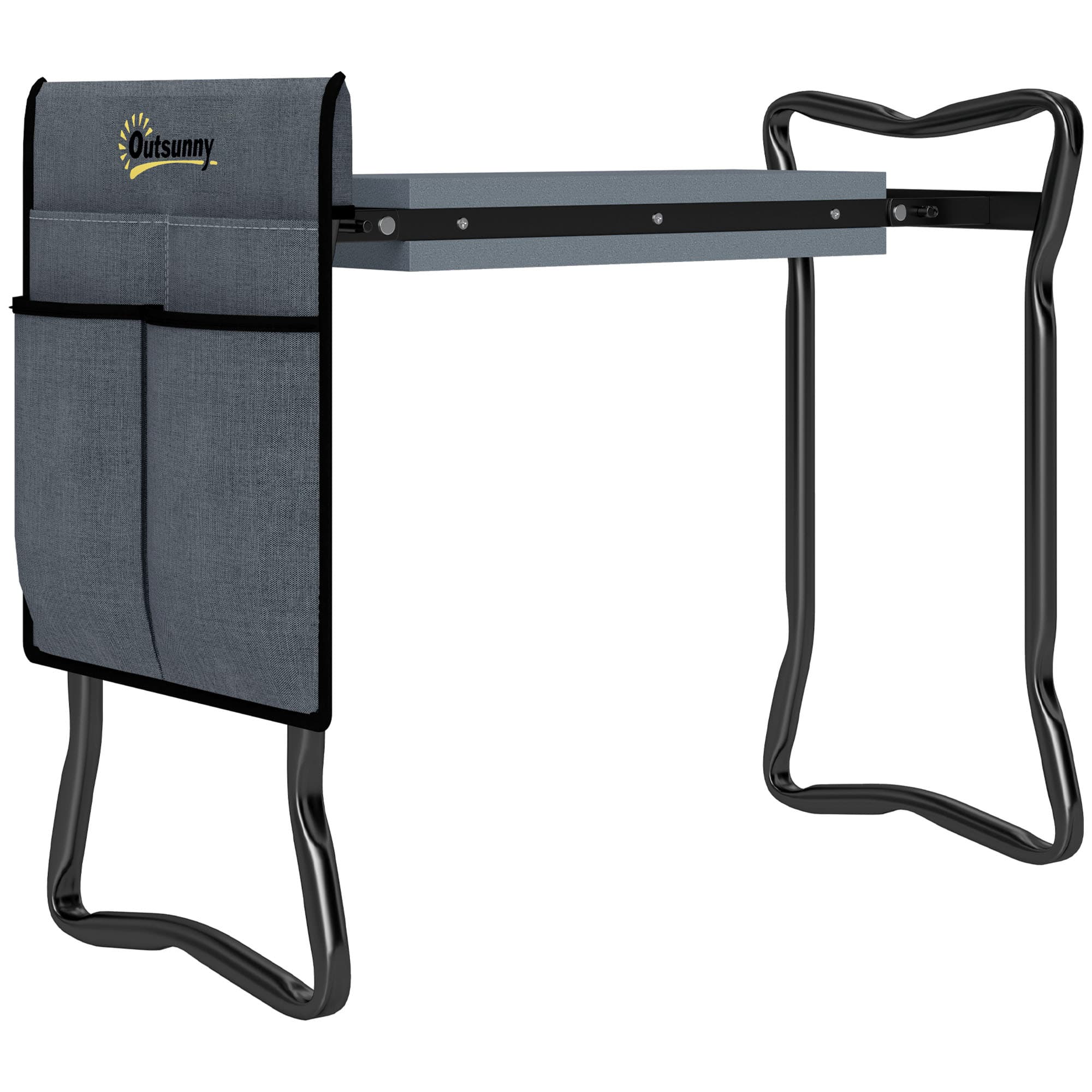 Outsunny Tabouret de Jardin Pliable avec Coussin Rembourré Épais et 4 Poches à Outils Amovible, Charge 150kg, 58x28x49cm, Gris