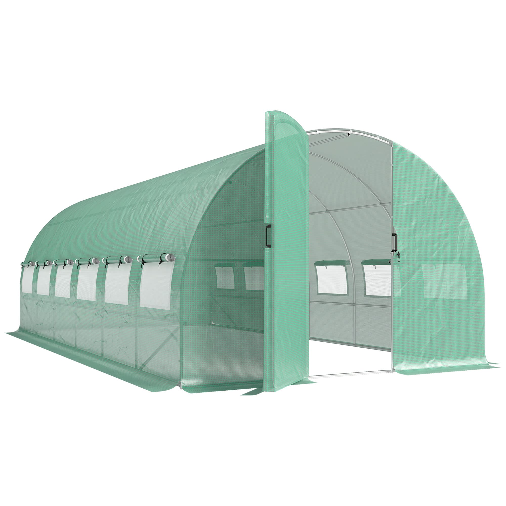 Outsunny Serre tunnel de jardin 18m2, serre de jardin tunnel avec portes et 12 fenêtres avec moustiquaires, 295x597x200cm, vert