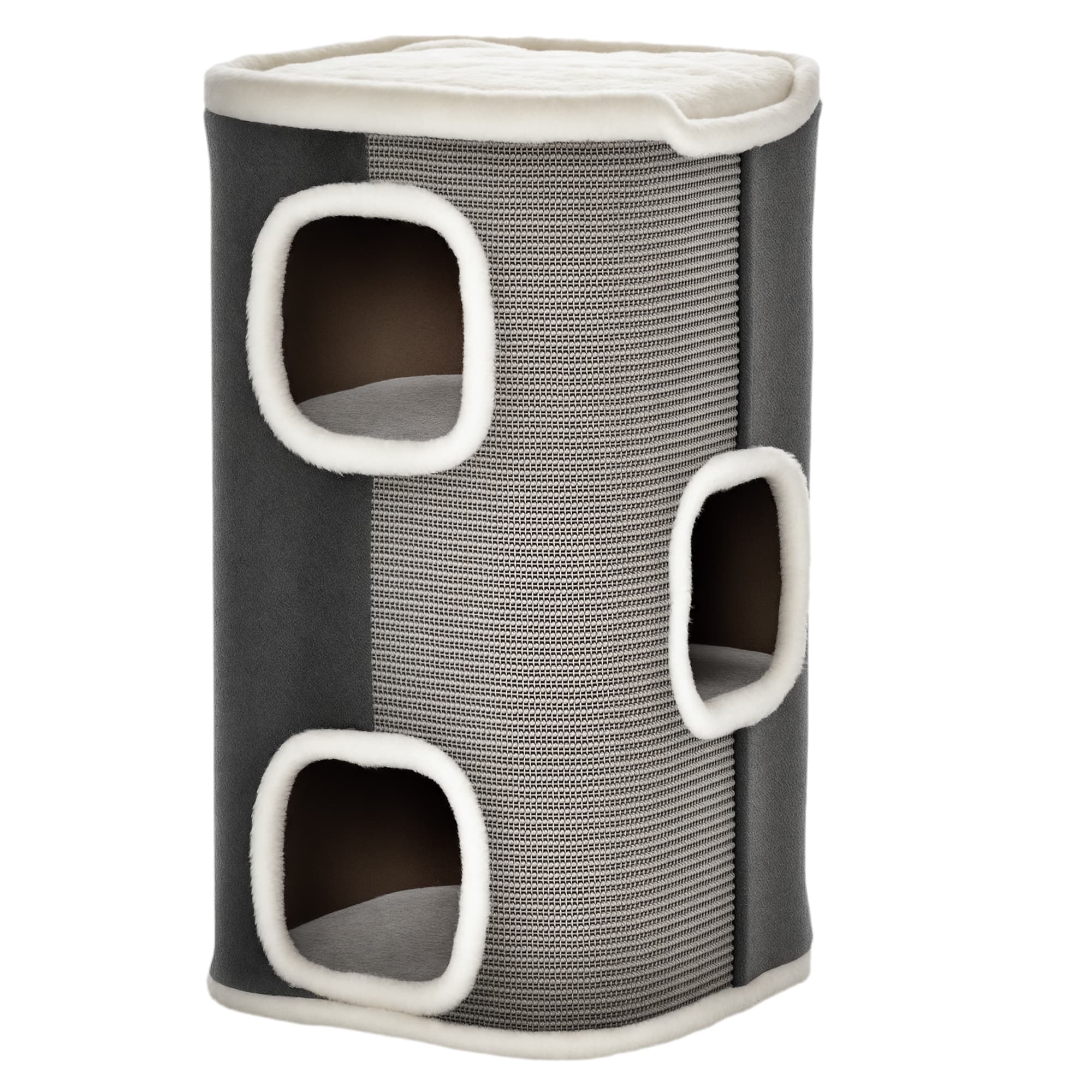 PawHut Tonneau à Gratter pour Chat 4 Niveaux en Peluche et Sisal, 3 Zones, 2 Grands Trous Interconnectés, 40x40x74cm, Gris