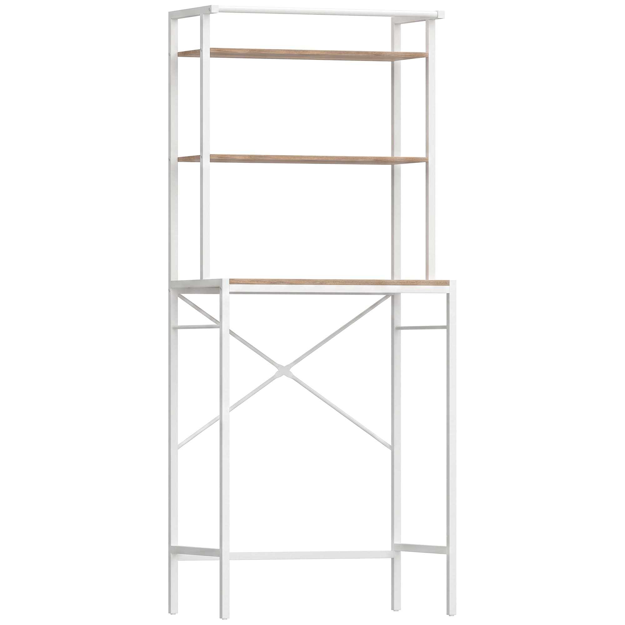 HOMCOM Étagère de Machine à Laver 3 Niveaux, Meuble pour Lave-Linge et Sèche-Linge avec Barre de Suspension, Marron et Blanc