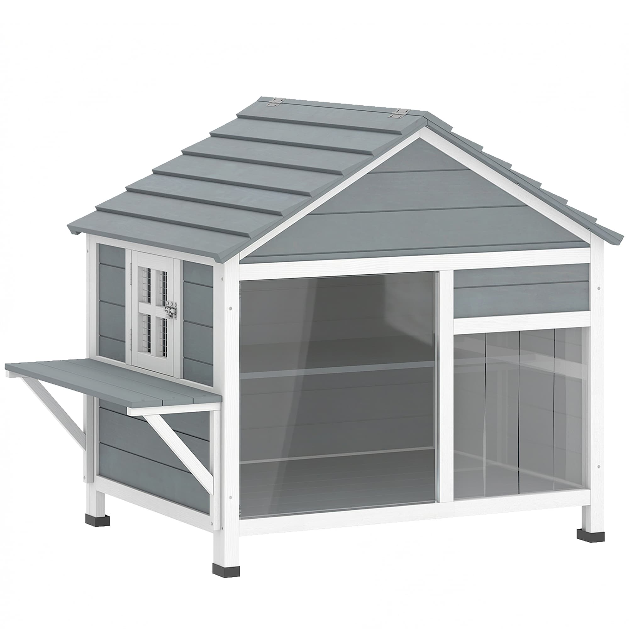 PawHut Maison pour Chat Extérieur Toit Ouvrant Fenêtre Panoramique Porte à Lamelles et Plateforme de Repos 101x72,5x81cm Gris