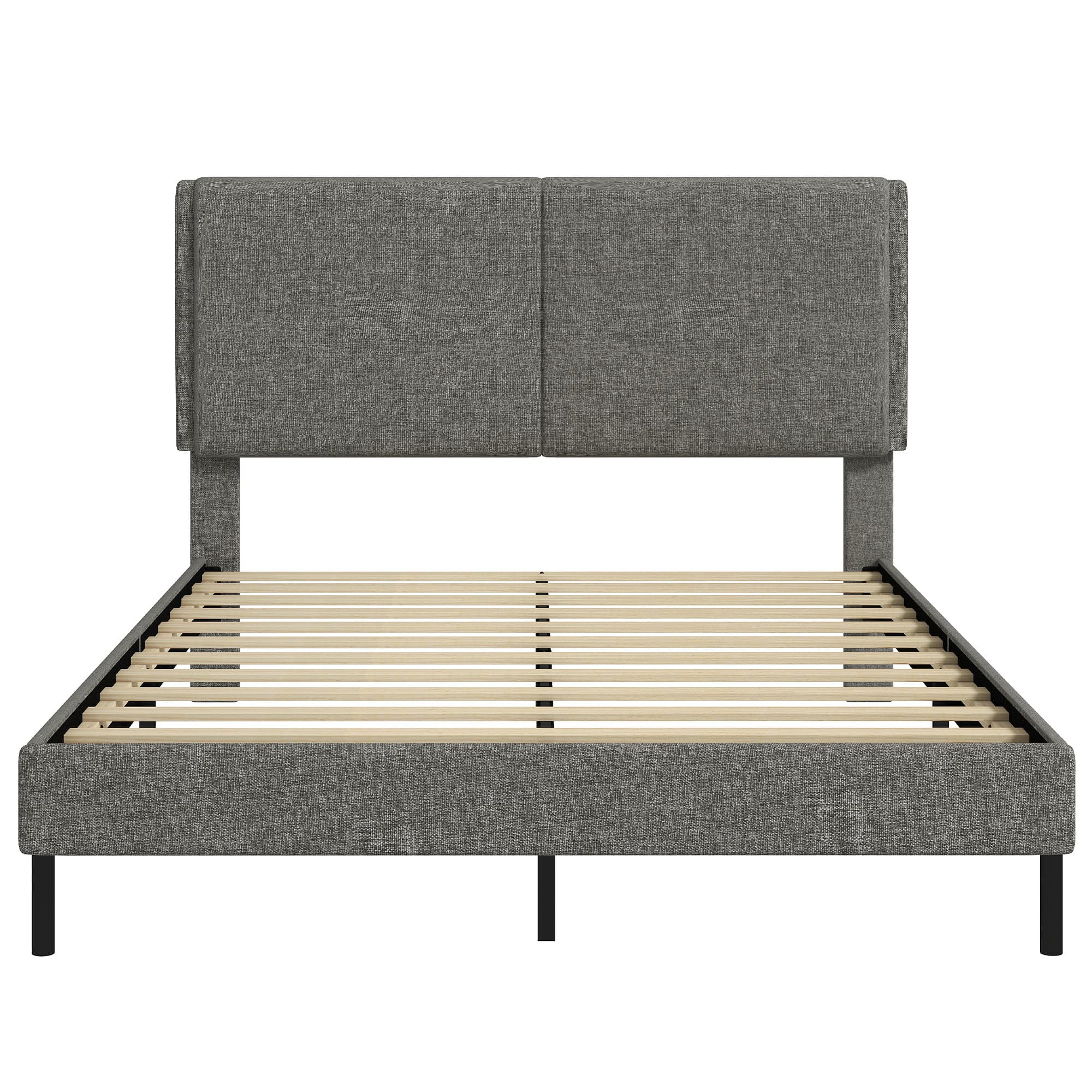 HOMCOM Cadre de Lit 140 x 190 cm avec Sommier et Tête Réglable, Lit Double Rembourré en Lin, Rangement au-dessous, Gris