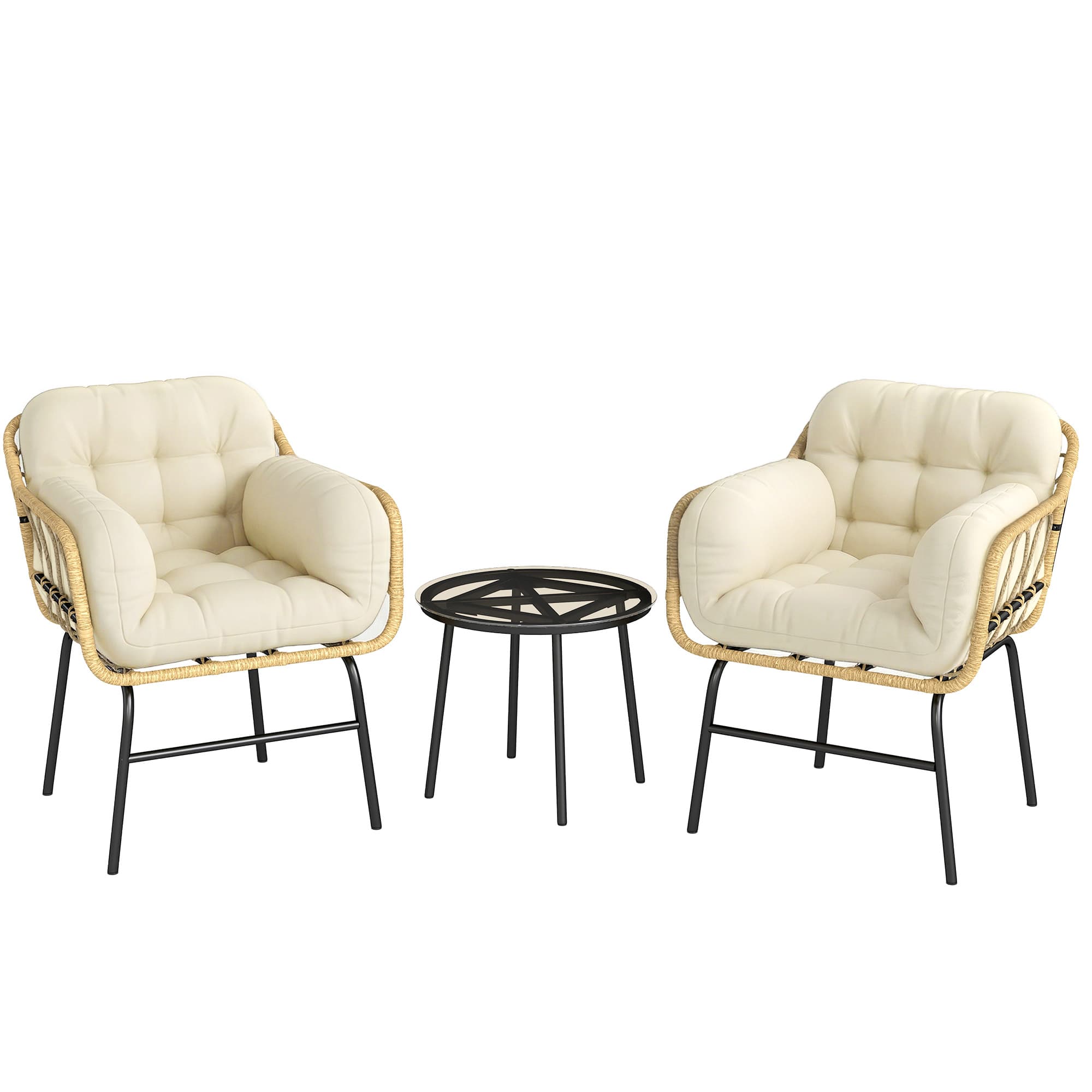 Outsunny Salon de Jardin Extérieur 3 Pièces en Résine Tressée, Table en Verre Trempé, 2 Fauteuils avec Coussins, 62x73x79cm, Kaki