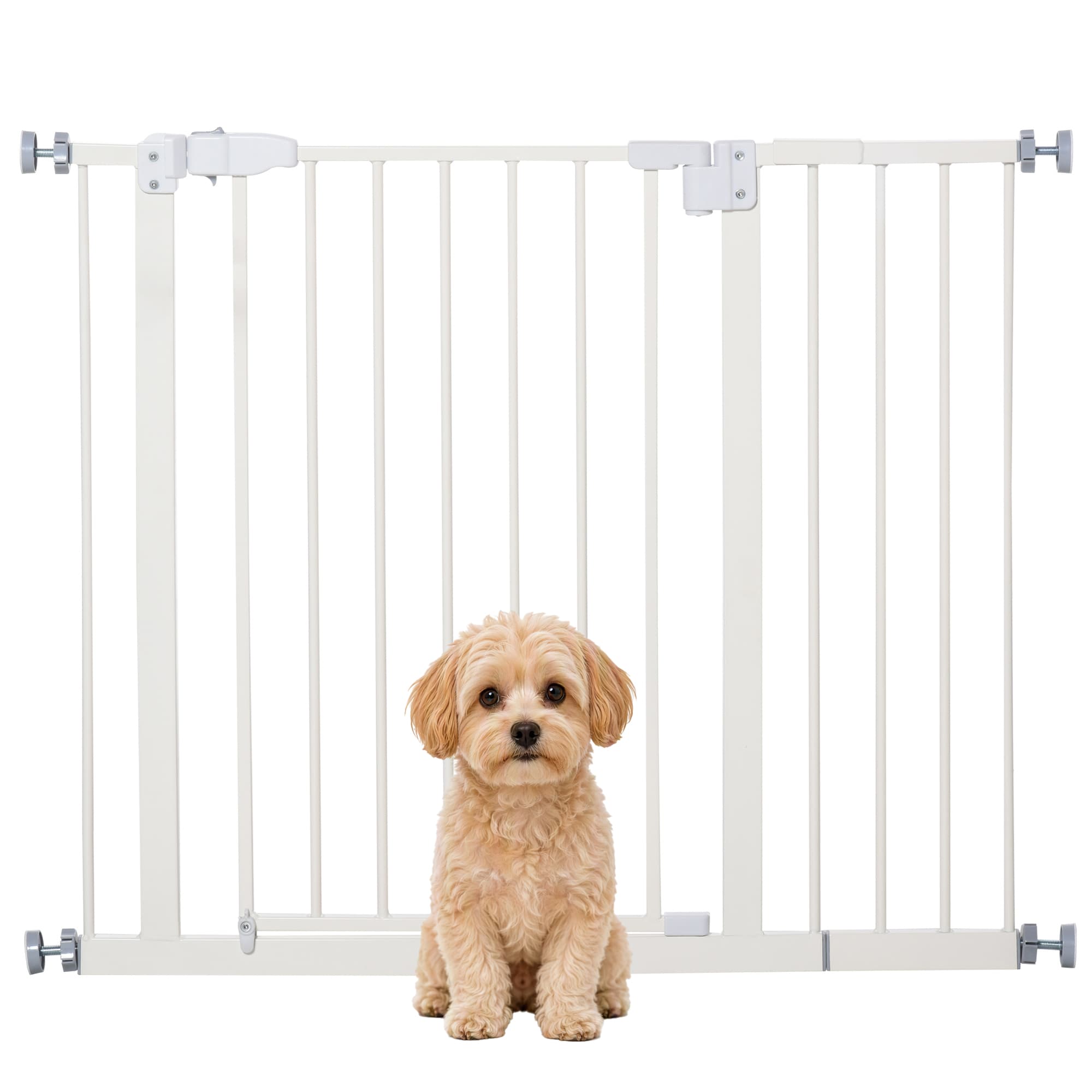PawHut Barrière de sécurité barriere escalier pour animaux largueur réglable 74-80 / 91,5-97,5 cm double verrouillage fermeture automatique blanc