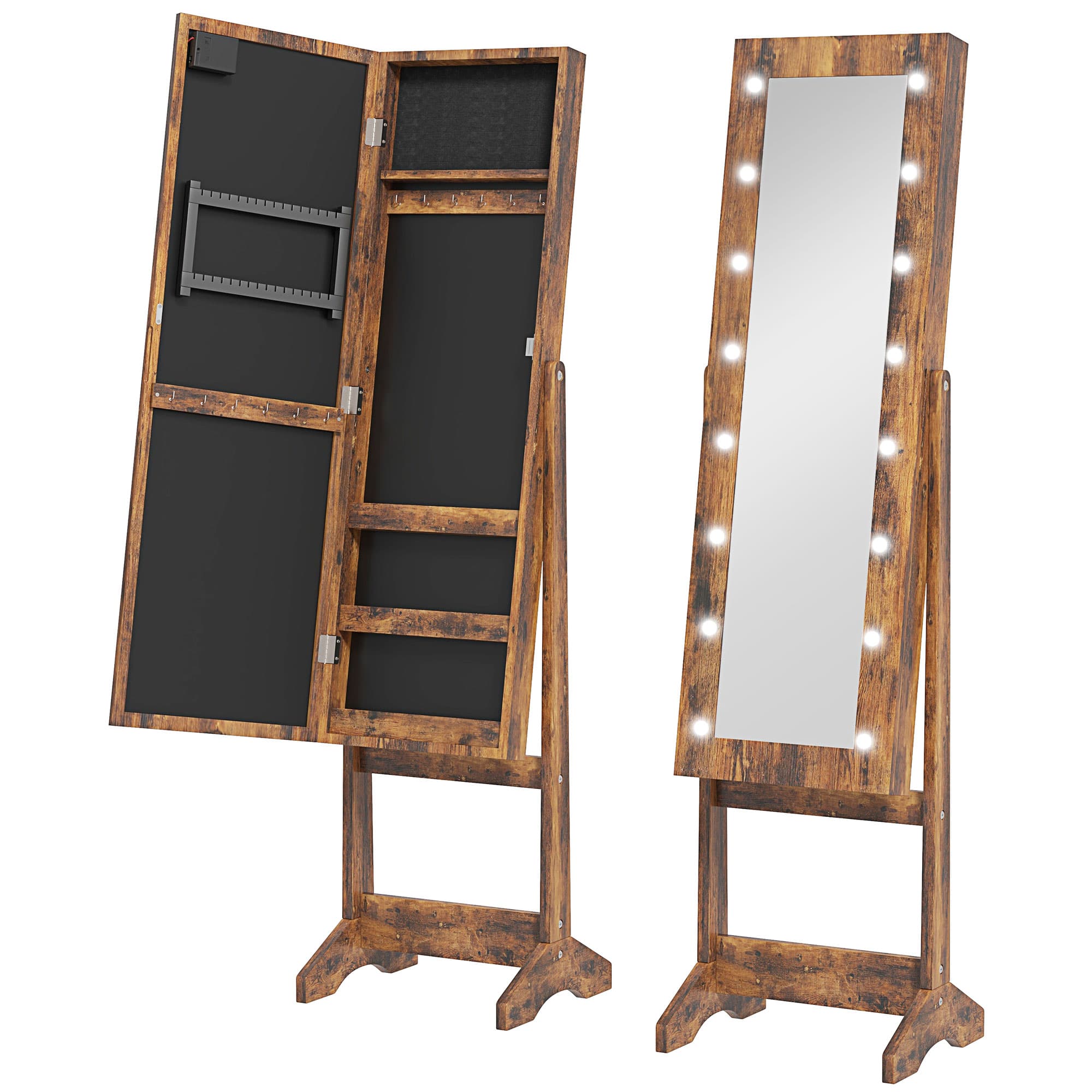 HOMCOM Armoire à bijoux armoire de rangement sur pieds boîte à bijoux avec miroir multi-rangements éclairage LED brun rustique