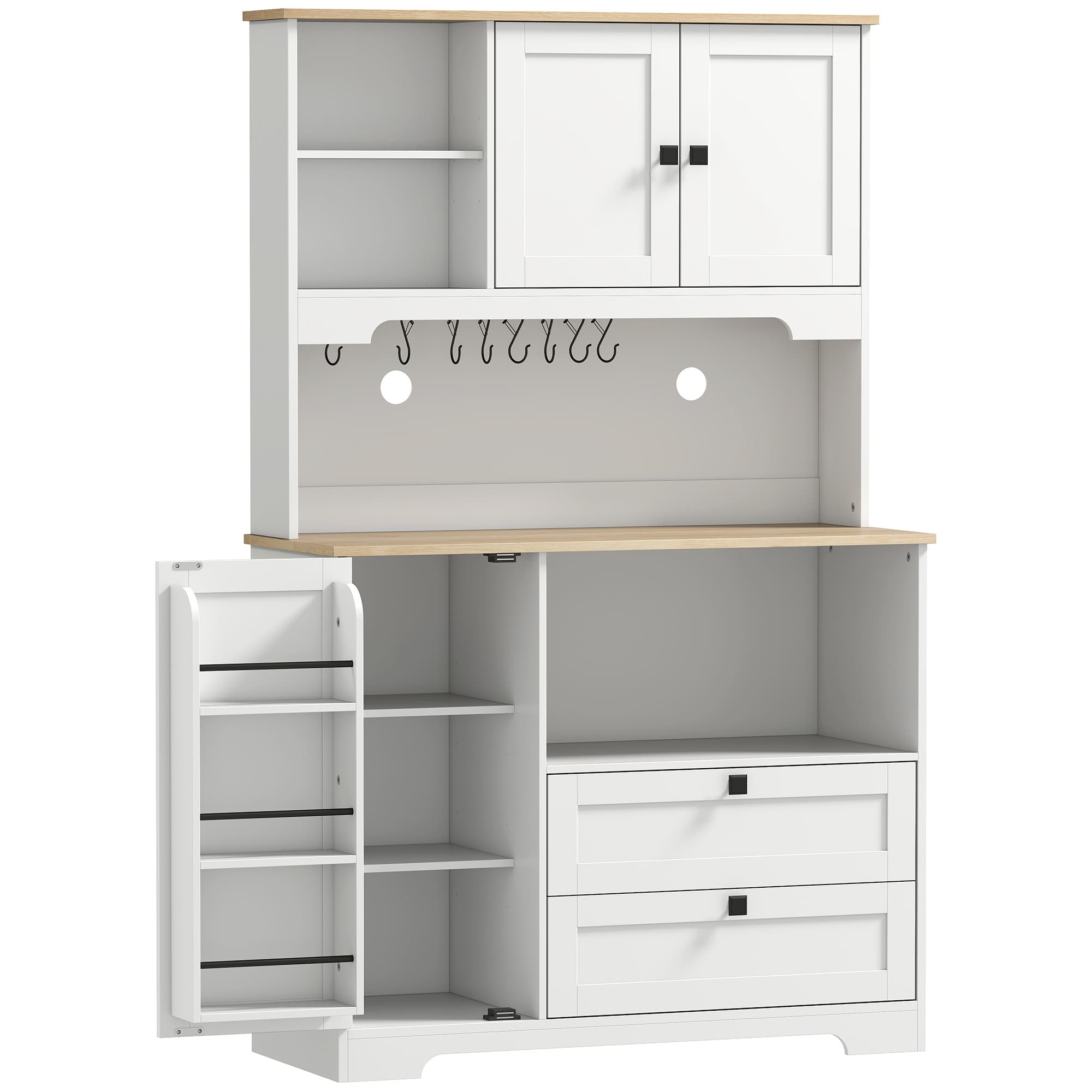 HOMCOM Buffet Haut Cuisine, Armoire Cuisine avec 3 Portes, 2 Tiroirs, Plan de Travail, Compartiments Ouverts, Blanc