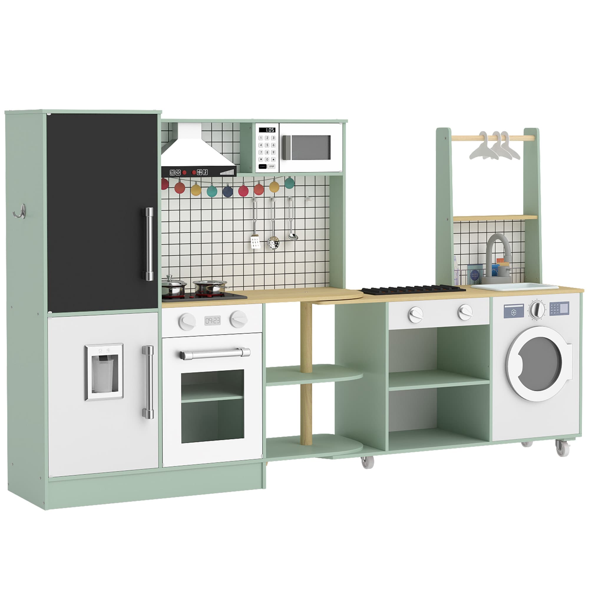 AIYAPLAY Cuisine Enfant Jouet d'Imitation, Micro-Ondes, Four, Plateau Rotatif sur Roulettes, 160x32x97,5cm, Vert Clair