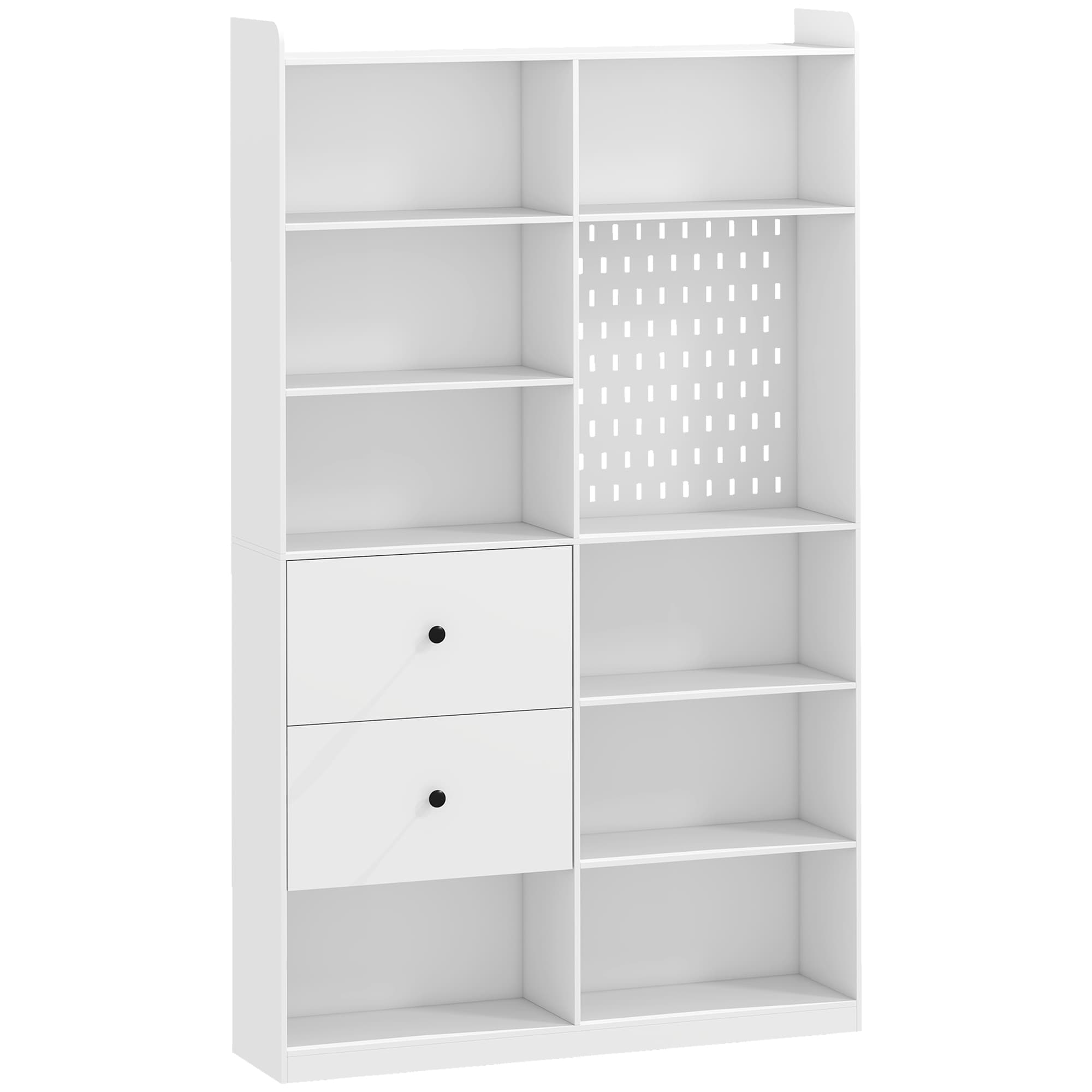 HOMCOM Bibliothèque, Étagère 6 Niveaux, 120 x 30 x 200 cm, Meuble de Rangement avec 2 Tiroirs et Panneau Perforé, Blanc