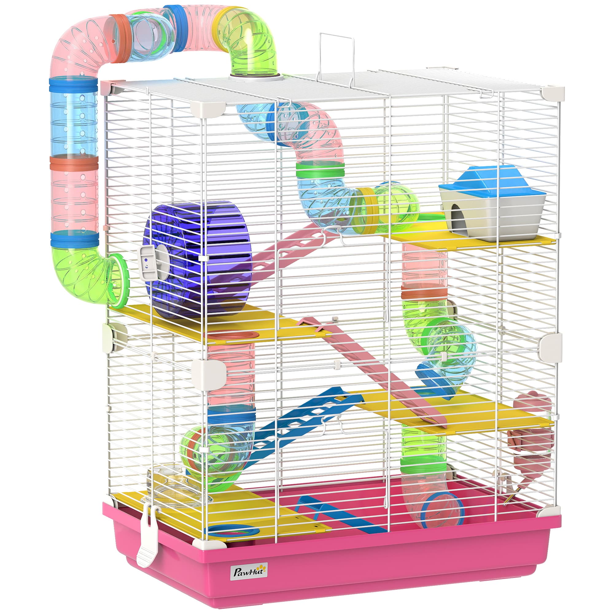 PawHut Cage pour hamster rongeur 4 étages avec tunnels mangeoire roue maison échelles 46 x 30 x 58 cm rose