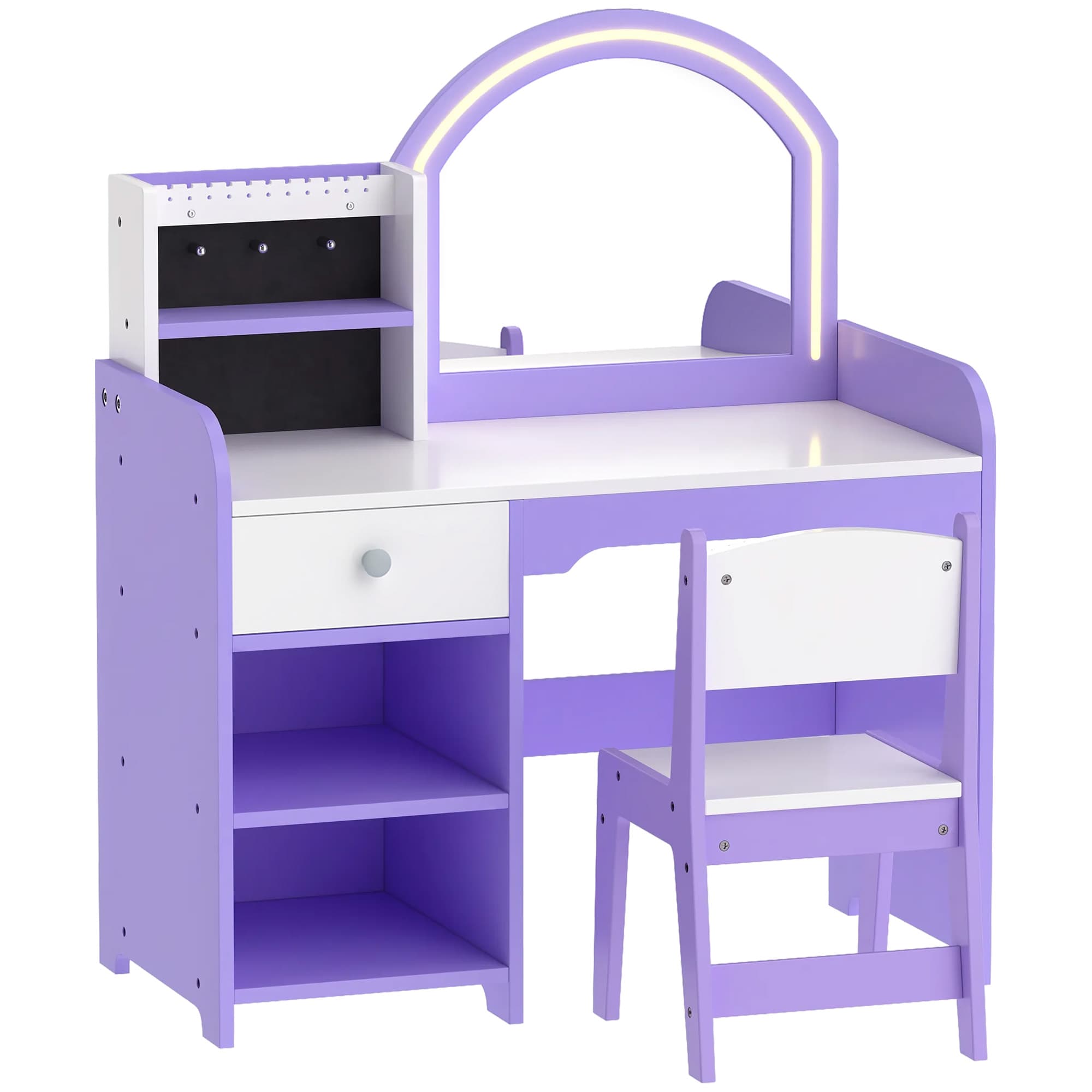 AIYAPLAY Coiffeuse pour Enfants avec Tabouret et Miroir en Acrylique à Éclairage Bicolore Coiffeuse Bureau Fille 3-8 Ans Violet