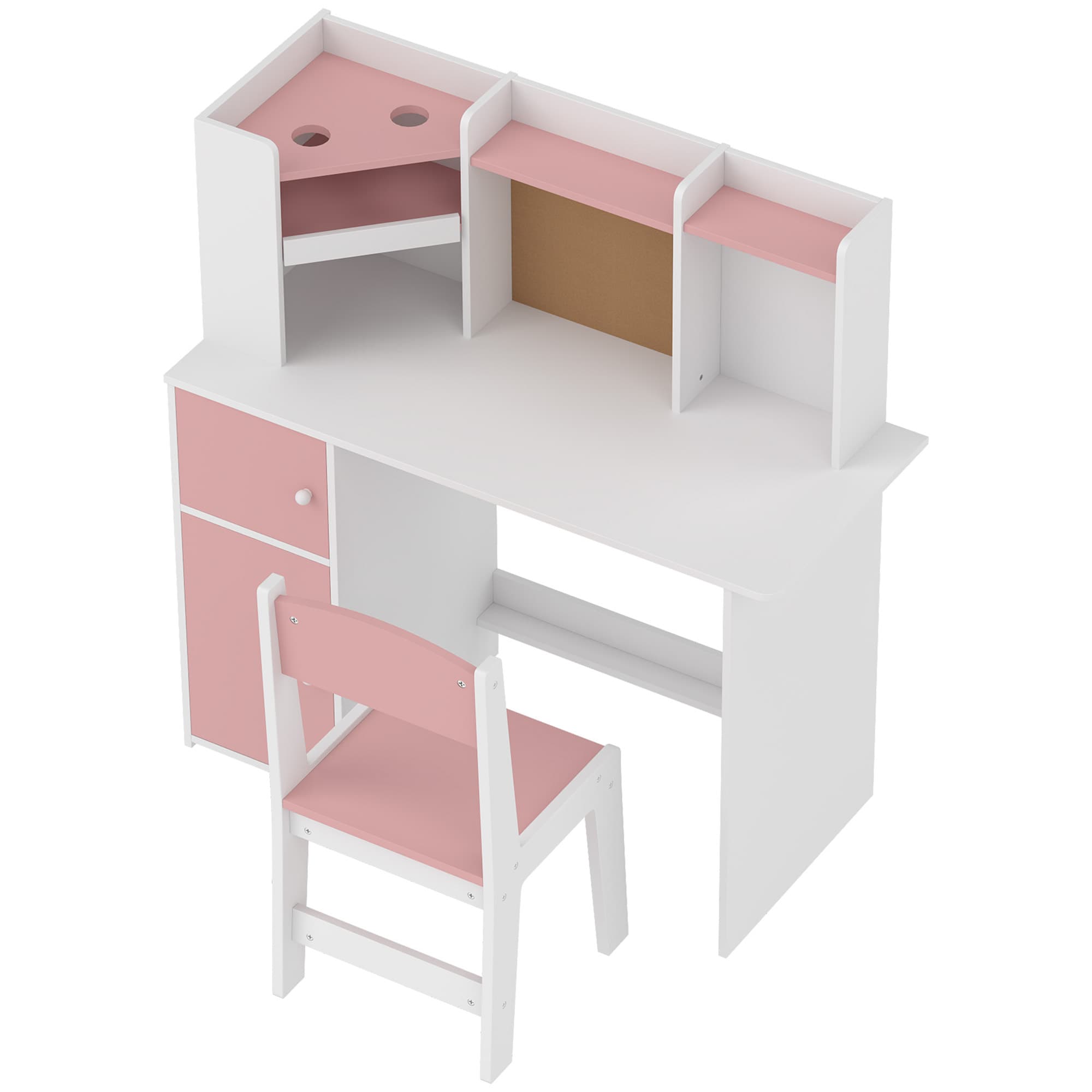 AIYAPLAY Bureau Enfant avec Chaise, Table d'Étude, Support de Tablette Réglable, Porte-Stylos, Panneau en Liège, 5-12 ans, Rose