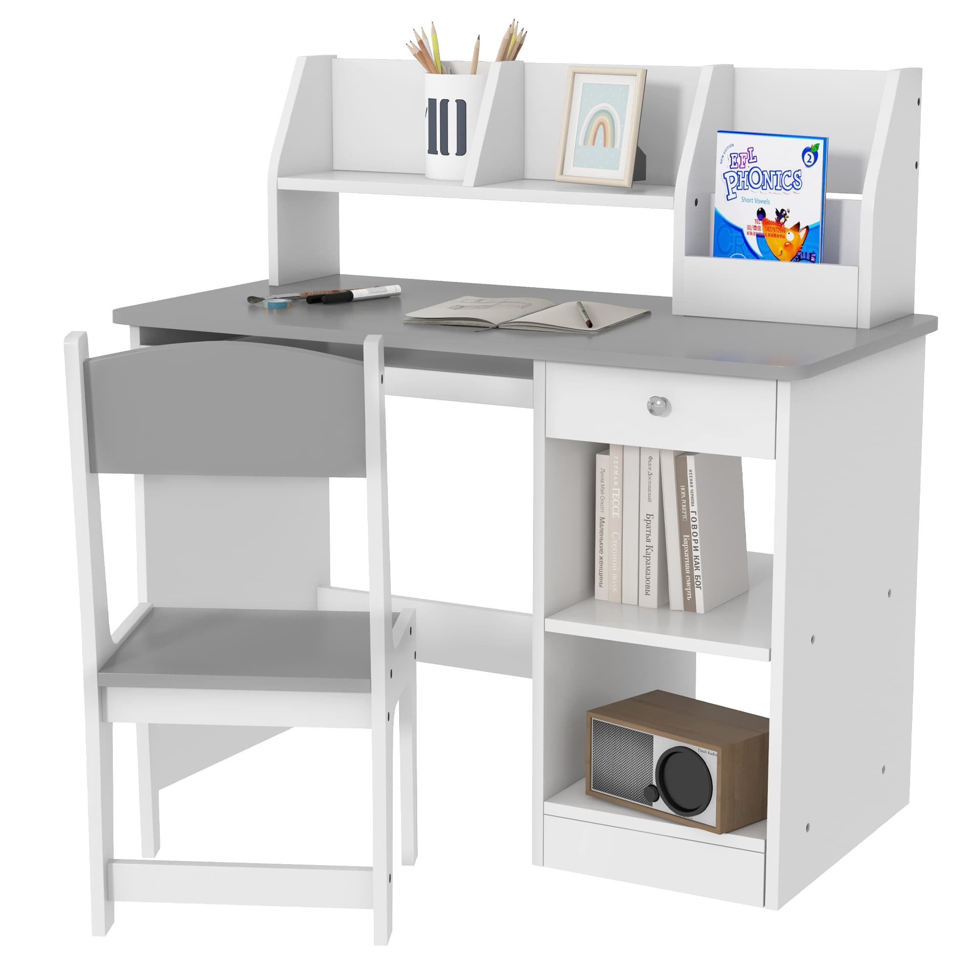 ZONEKIZ Bureau enfant avec chaise ergonomique avec clavier coulissant tiroir niches et étagères ouvertes 90 x 45 x 90 cm gris