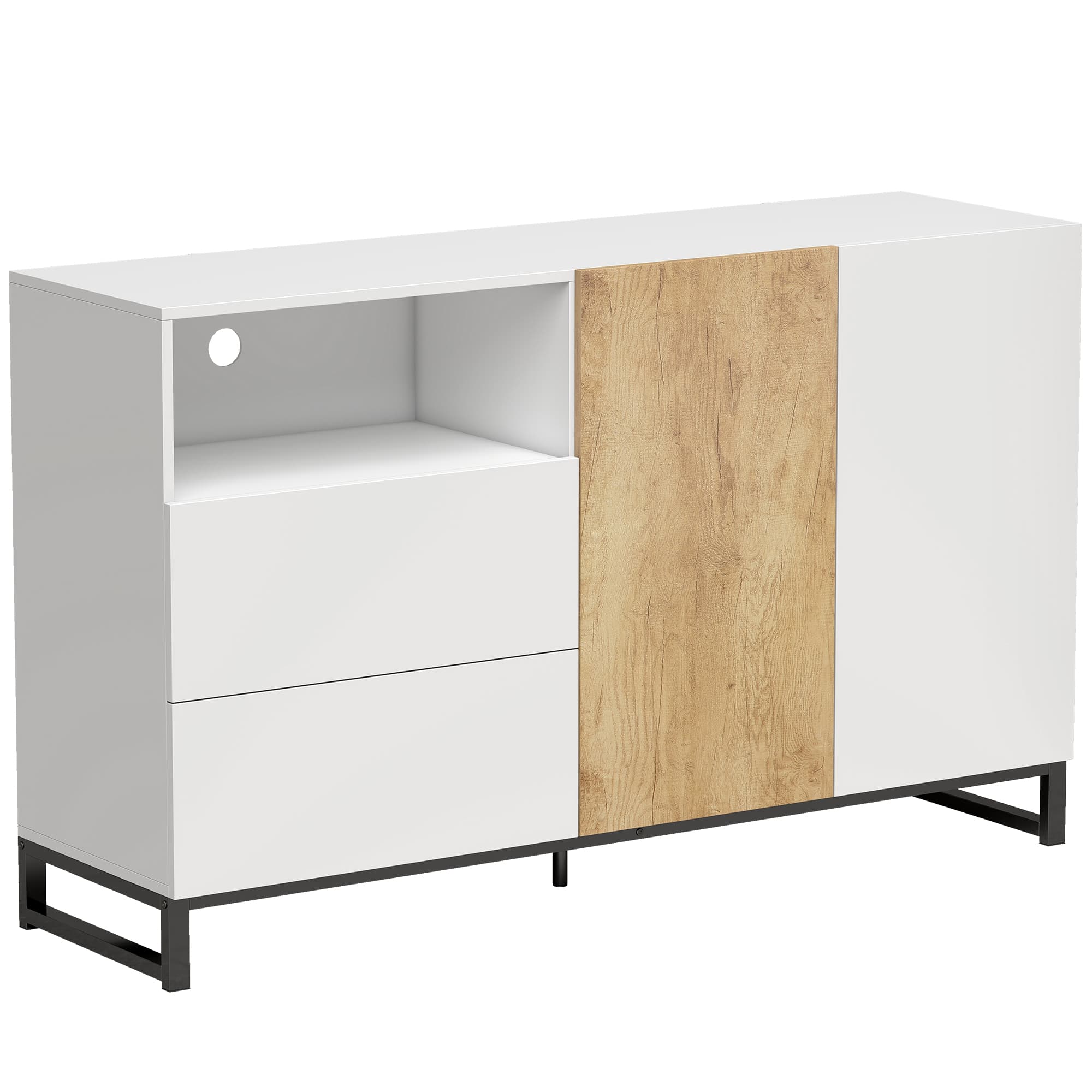 HOMCOM Buffet salon, meuble de rangement avec 2 portes à fermeture douce, 2 tiroirs et étagère réglable, blanc et chêne