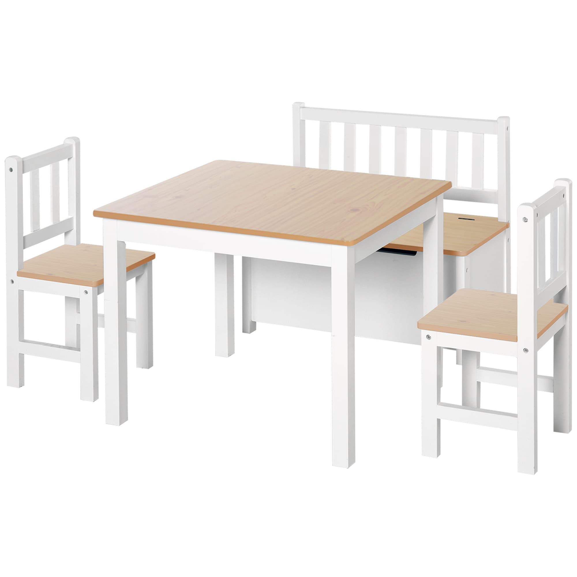 HOMCOM Ensemble de table et chaises enfant - set de 4 pièces - table, 2 chaises, banc coffre 2 en 1 - MDF pin bois naturel et blanc