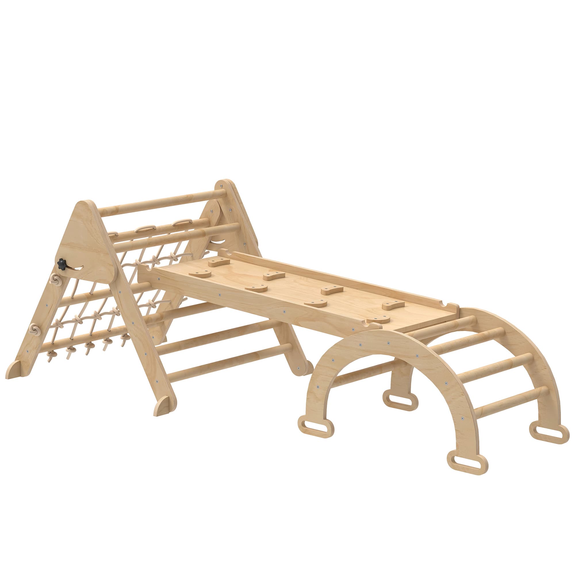 AIYAPLAY Triangle d'escalade enfants 8 en 1 avec rampe double face, arc d'escalade en bois avec toboggan & échelle, naturel
