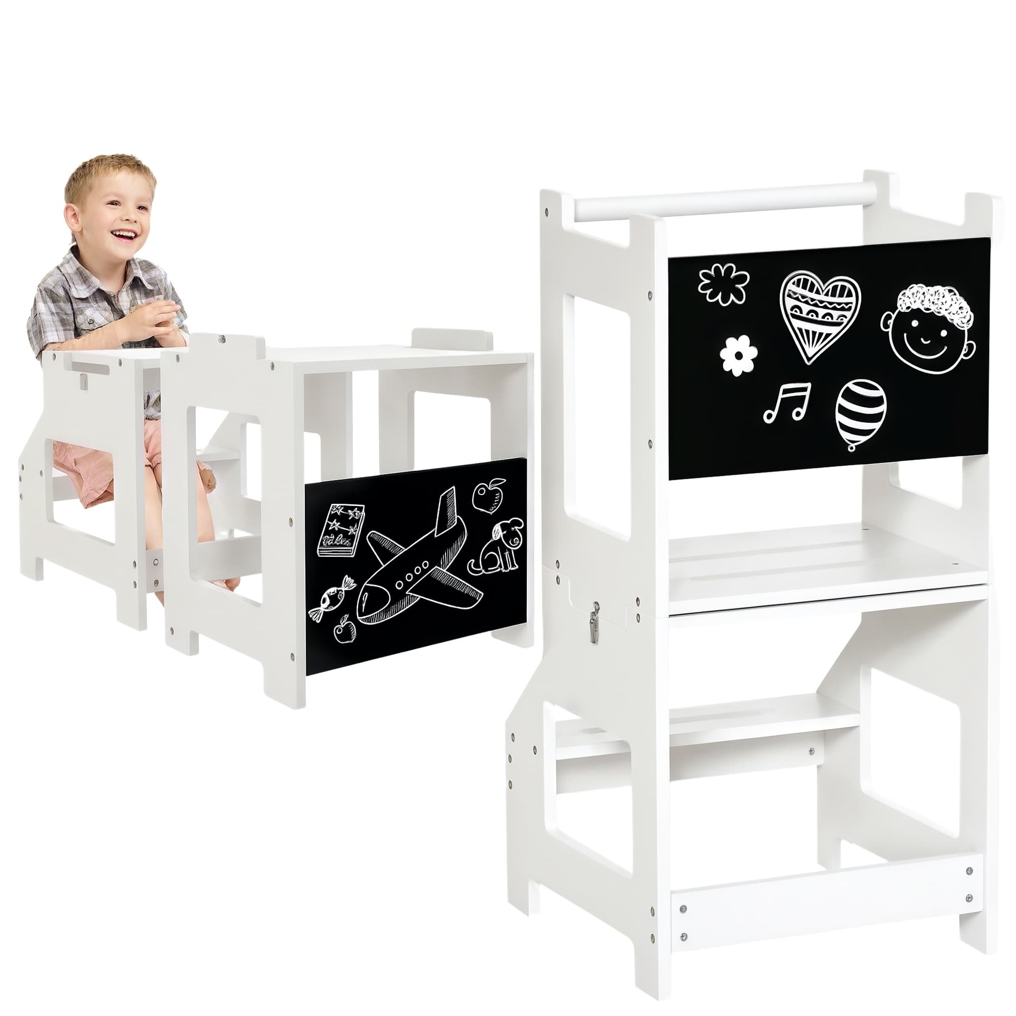 HOMCOM Tour d'apprentissage pour enfants transformable en table et chaise montessori learning kitchen helper pour petit bébé avec tableau noir