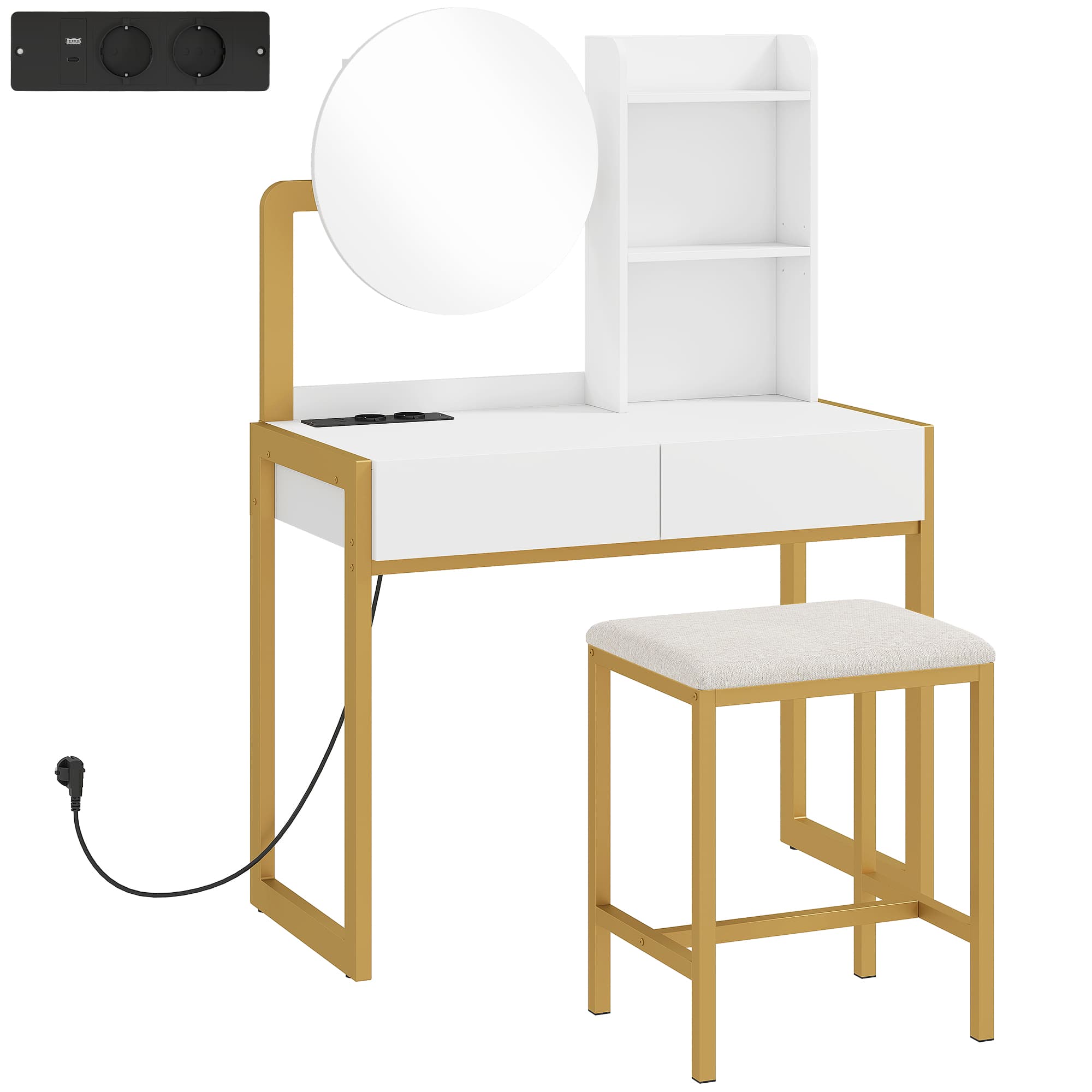 HOMCOM Coiffeuse avec miroir et tabouret, station de charge, table de maquillage avec 2 tiroirs, 3 étagères ouvertes, blanc