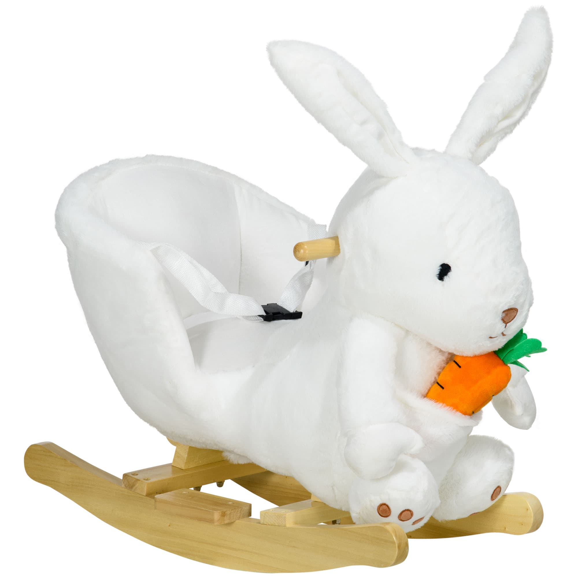 HOMCOM Jouet à bascule modèle lapin fonction musicale selle grand confort peluche courte douce bois peuplier 18-36 mois blanc