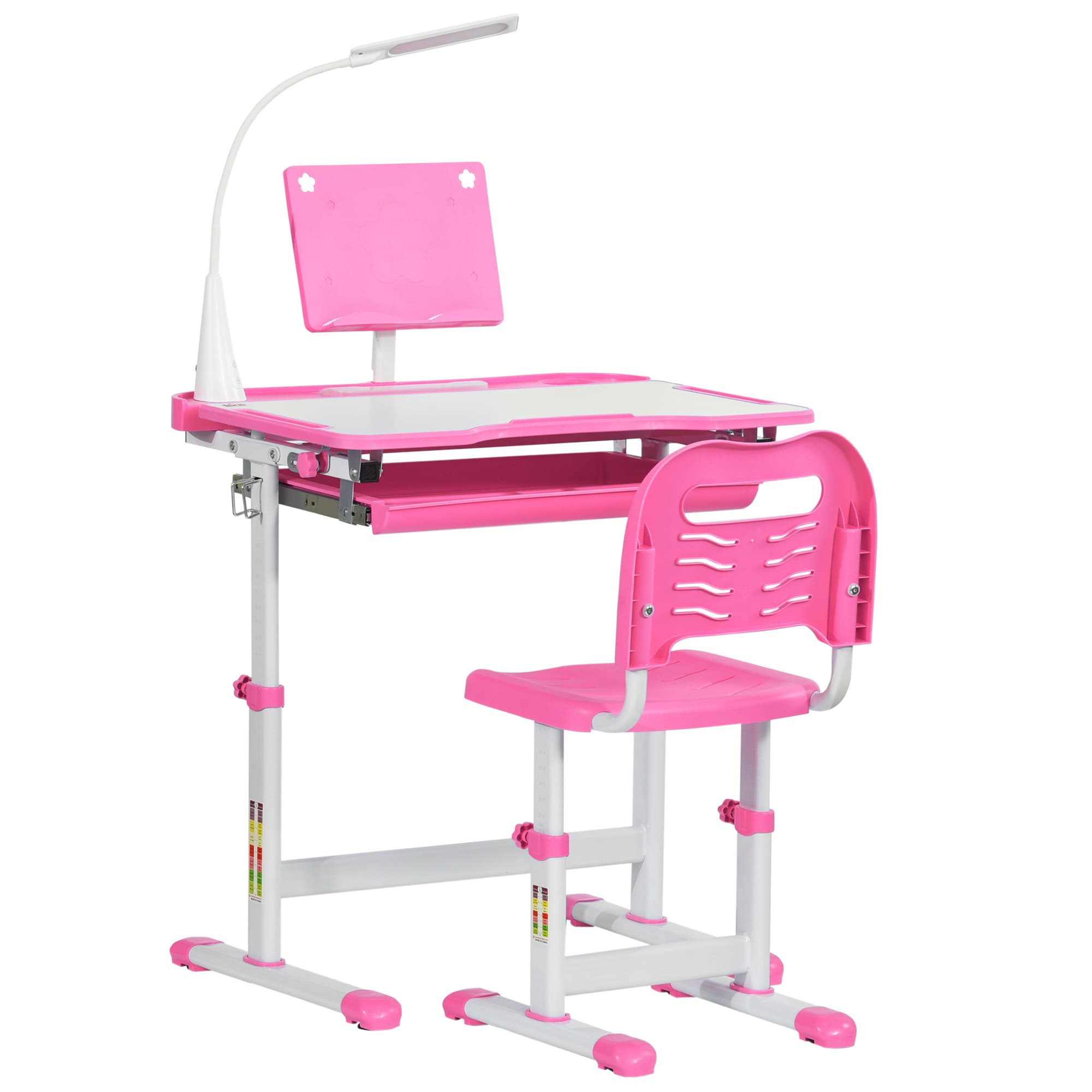 HOMCOM Bureau enfant avec chaise - ensemble bureau et chaise réglable - lampe, support de lecture, tablette coulissante multi-rangement - gris blanc
