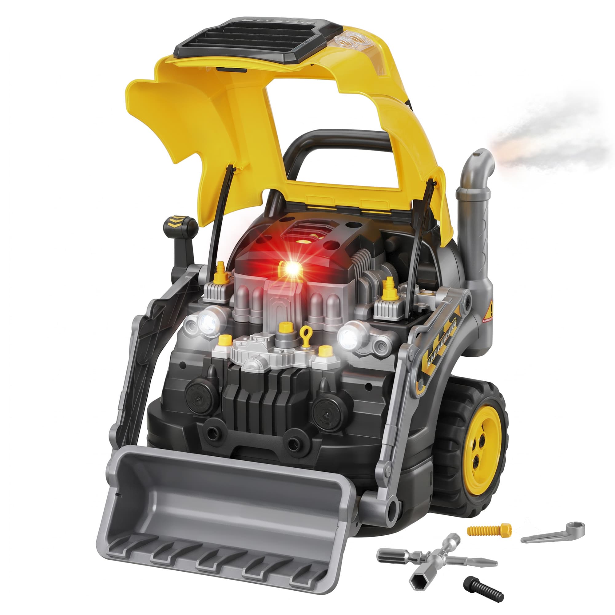 AIYAPLAY Jouet Moteur de Camion et Pelle pour Enfants, Camion Mécano, Volant, Effet de Brume, Sonores et Lumineux, 3-6 Ans, Jaune
