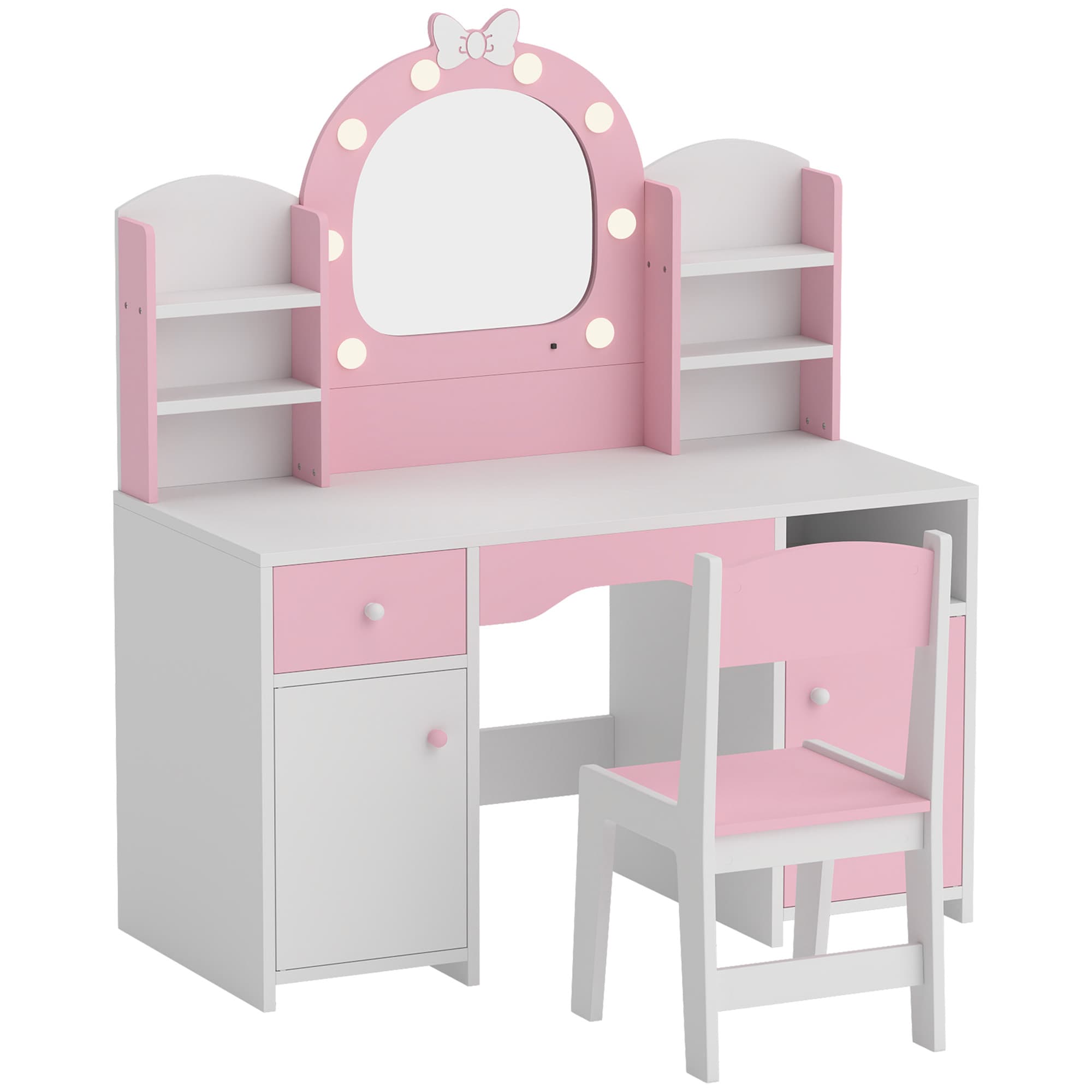 AIYAPLAY Coiffeuse pour Enfants avec Tabouret et Miroir Lumineux à 2 Couleurs en Acrylique, pour 3-8 Ans, 90 x 41 x 104 cm, Rose