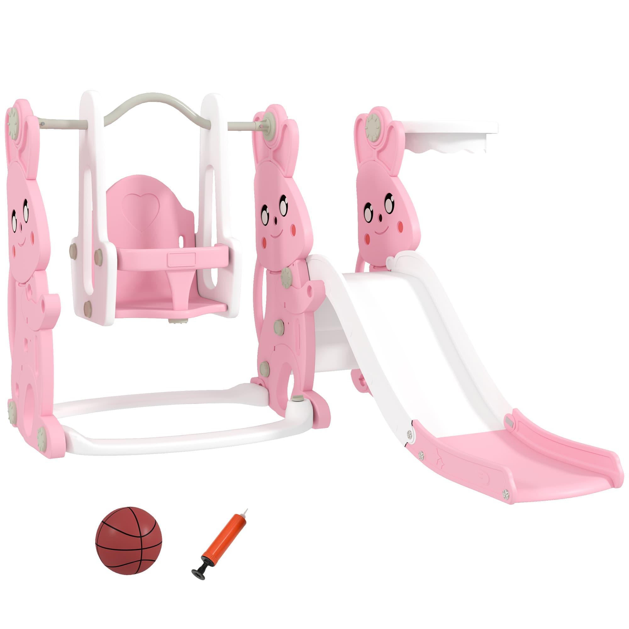 AIYAPLAY Toboggan et balançoire pour enfants 4 en 1 avec panier de basket, toboggan, balançoire, 147,5x160x107cm, rose
