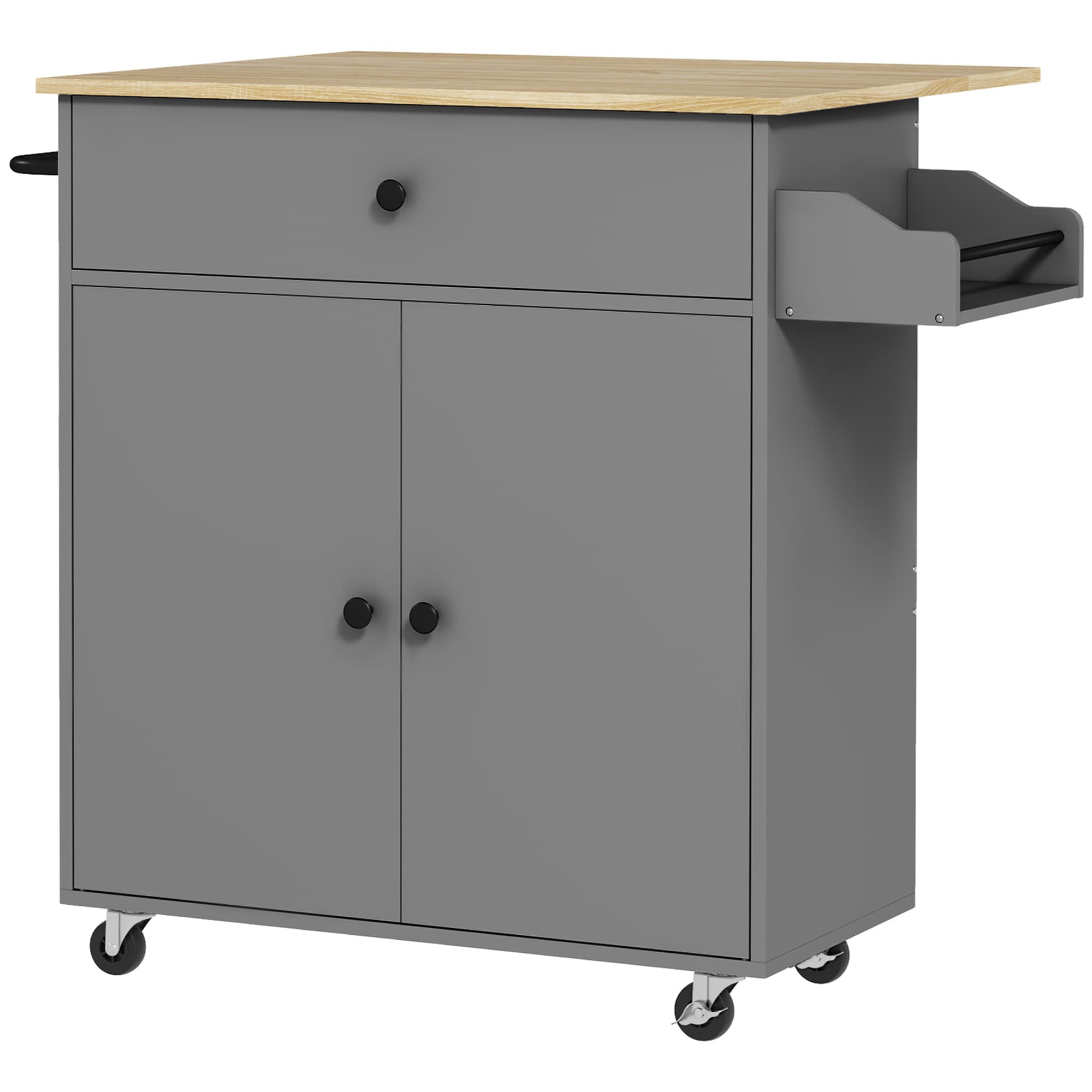 HOMCOM Desserte de cuisine sur roulettes, Îlot central cuisine tiroir étagère réglable support à épices et porte-serviette gris